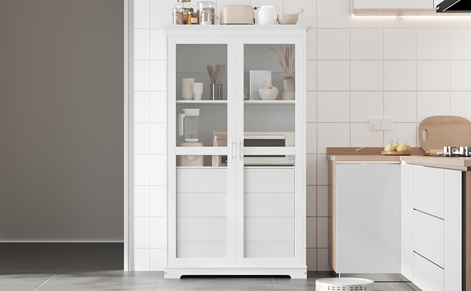 TOPMAX 44.7x20x75inch Kitchen Pantry, Freestanding Kitchen Storage Cabinet Display Cabinet with Glass Doors and 4 Built-in Drawers for Living Room, Home Office, White - Image 3