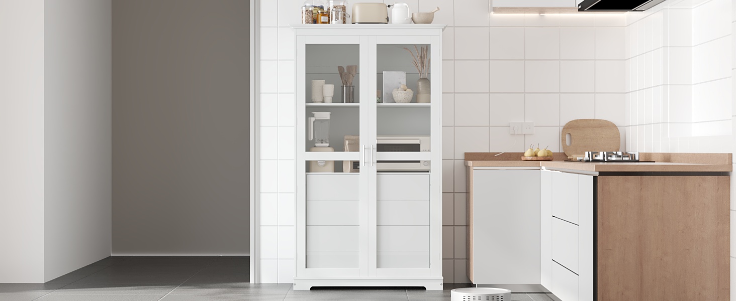 TOPMAX 44.7x20x75inch Kitchen Pantry, Freestanding Kitchen Storage Cabinet Display Cabinet with Glass Doors and 4 Built-in Drawers for Living Room, Home Office, White - Image 4