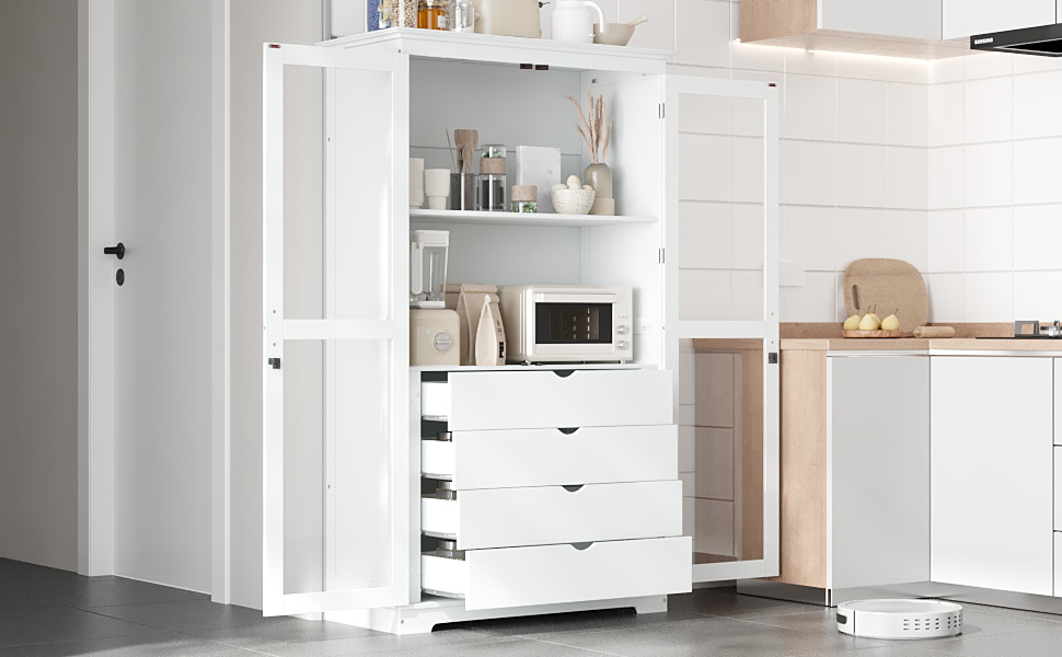 TOPMAX 44.7x20x75inch Kitchen Pantry, Freestanding Kitchen Storage Cabinet Display Cabinet with Glass Doors and 4 Built-in Drawers for Living Room, Home Office, White - Image 5