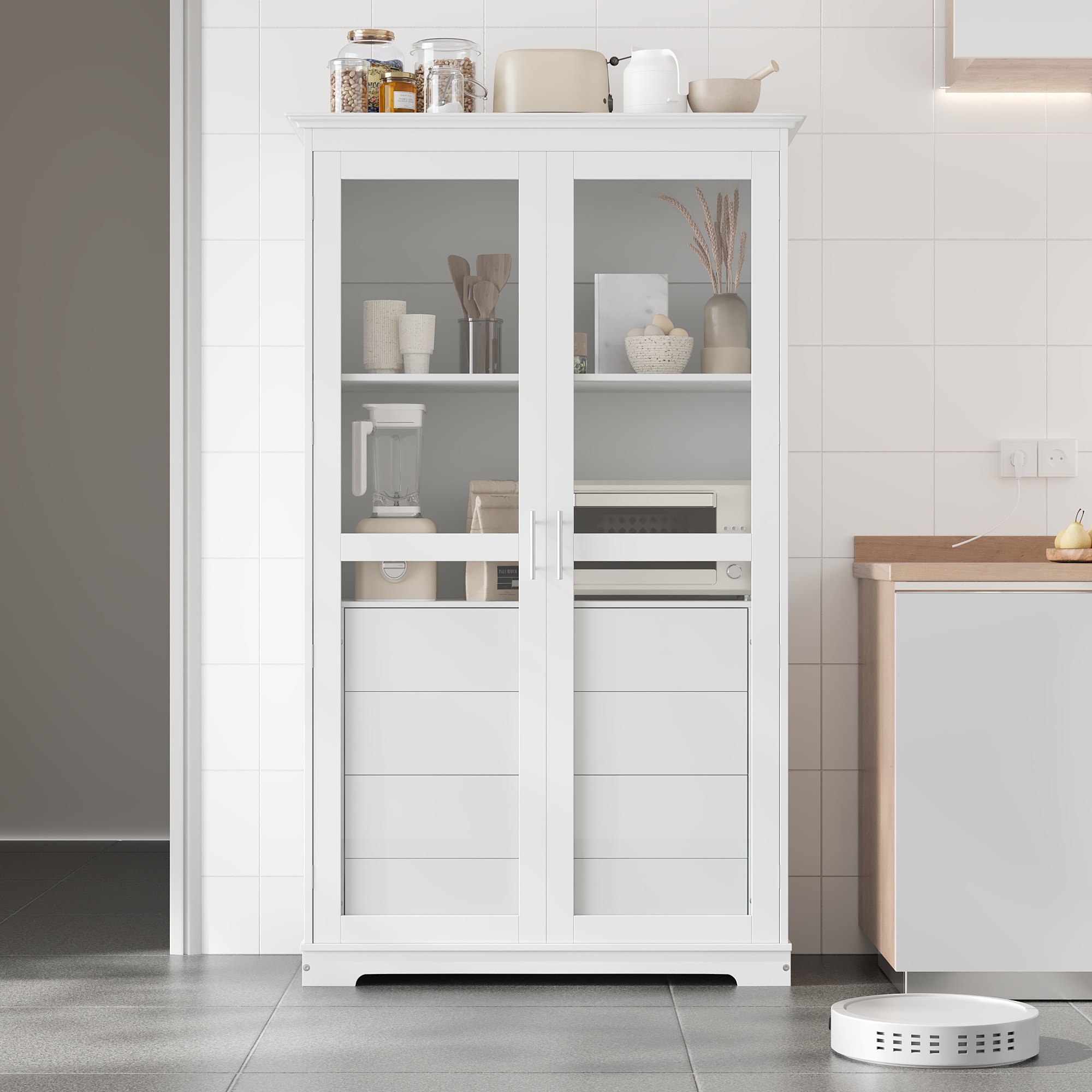 TOPMAX 44.7x20x75inch Kitchen Pantry, Freestanding Kitchen Storage Cabinet Display Cabinet with Glass Doors and 4 Built-in Drawers for Living Room, Home Office, White - Image 6