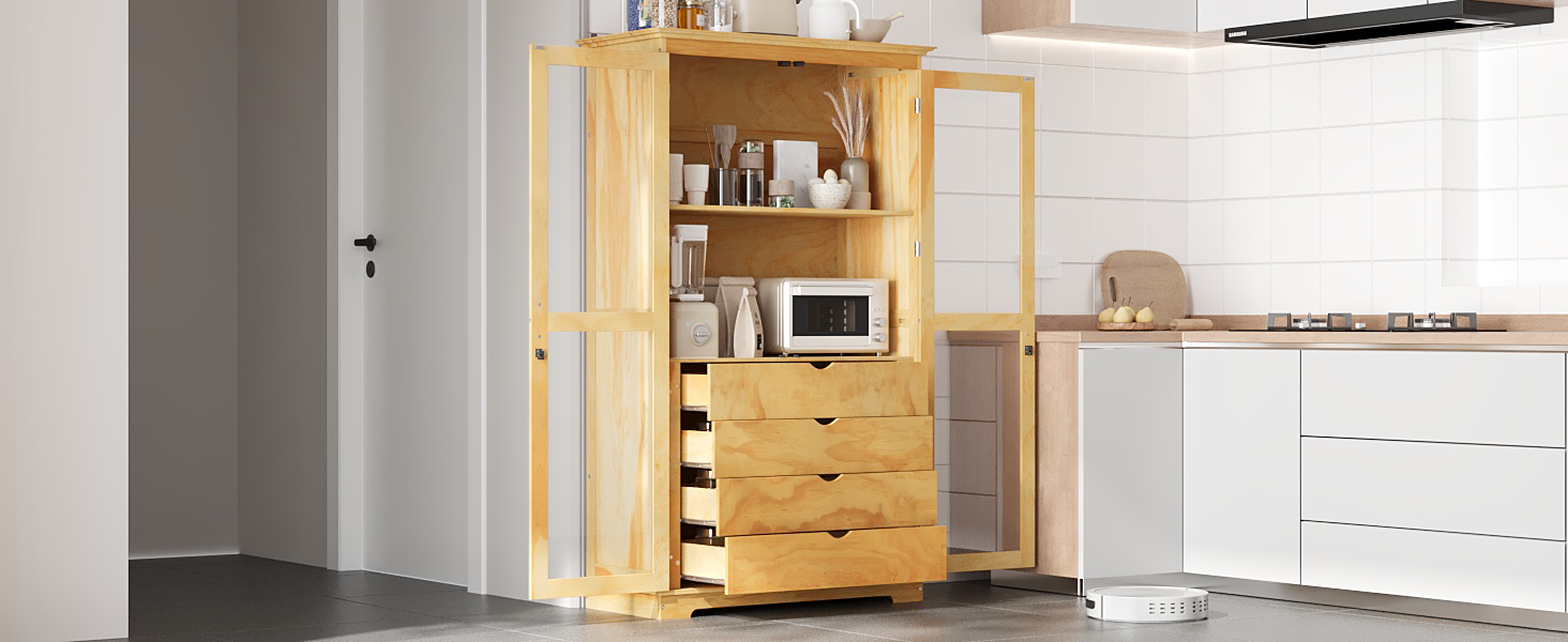 TOPMAX 44.7x20x75inch Kitchen Pantry, Freestanding Kitchen Storage Cabinet Display Cabinet with Glass Doors and 4 Built-in Drawers for Living Room, Home Office, Natural - Image 2