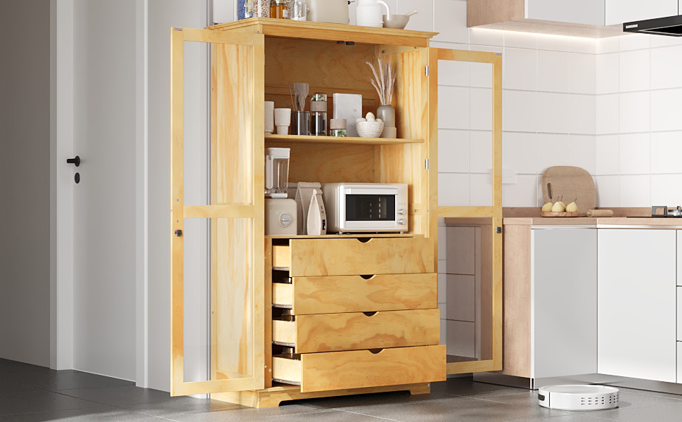 TOPMAX 44.7x20x75inch Kitchen Pantry, Freestanding Kitchen Storage Cabinet Display Cabinet with Glass Doors and 4 Built-in Drawers for Living Room, Home Office, Natural - Image 3