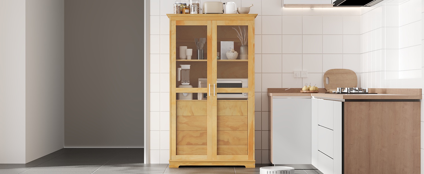 TOPMAX 44.7x20x75inch Kitchen Pantry, Freestanding Kitchen Storage Cabinet Display Cabinet with Glass Doors and 4 Built-in Drawers for Living Room, Home Office, Natural - Image 4