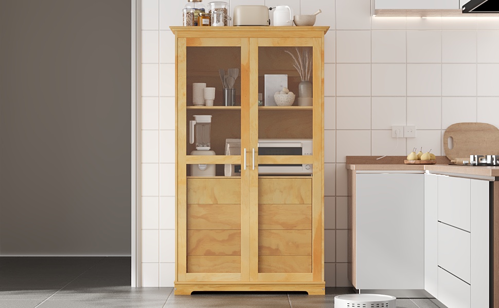 TOPMAX 44.7x20x75inch Kitchen Pantry, Freestanding Kitchen Storage Cabinet Display Cabinet with Glass Doors and 4 Built-in Drawers for Living Room, Home Office, Natural - Image 5
