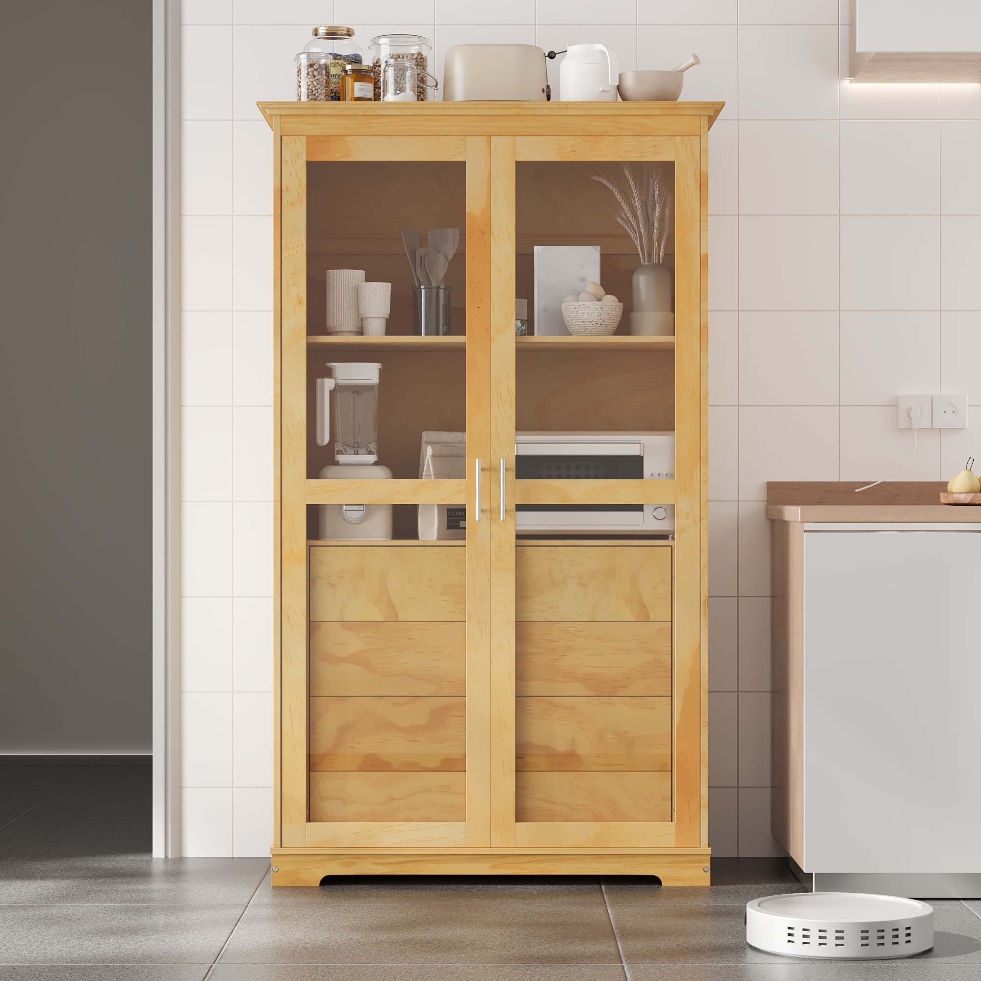 TOPMAX 44.7x20x75inch Kitchen Pantry, Freestanding Kitchen Storage Cabinet Display Cabinet with Glass Doors and 4 Built-in Drawers for Living Room, Home Office, Natural - Image 6