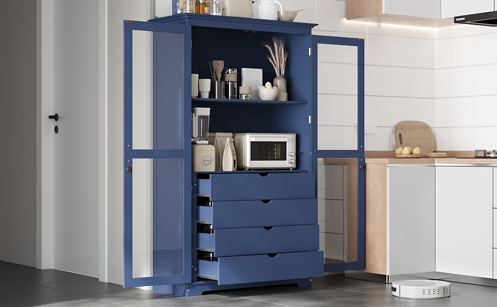 TOPMAX 44.7x20x75inch Kitchen Pantry, Freestanding Kitchen Storage Cabinet Display Cabinet with Glass Doors and 4 Built-in Drawers for Living Room, Home Office, Blue - Image 2