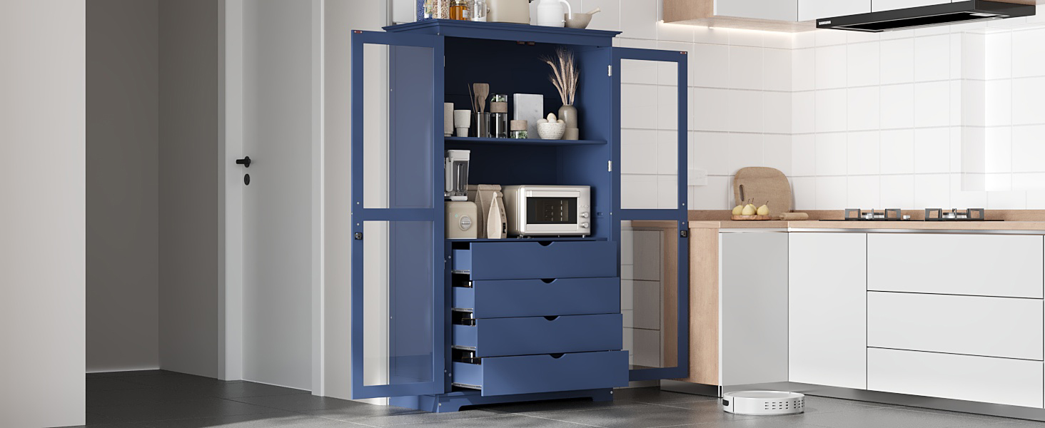 TOPMAX 44.7x20x75inch Kitchen Pantry, Freestanding Kitchen Storage Cabinet Display Cabinet with Glass Doors and 4 Built-in Drawers for Living Room, Home Office, Blue - Image 3