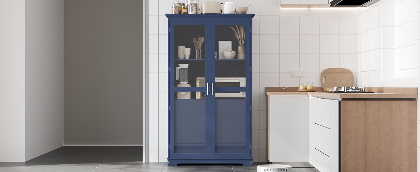 TOPMAX 44.7x20x75inch Kitchen Pantry, Freestanding Kitchen Storage Cabinet Display Cabinet with Glass Doors and 4 Built-in Drawers for Living Room, Home Office, Blue - Image 4