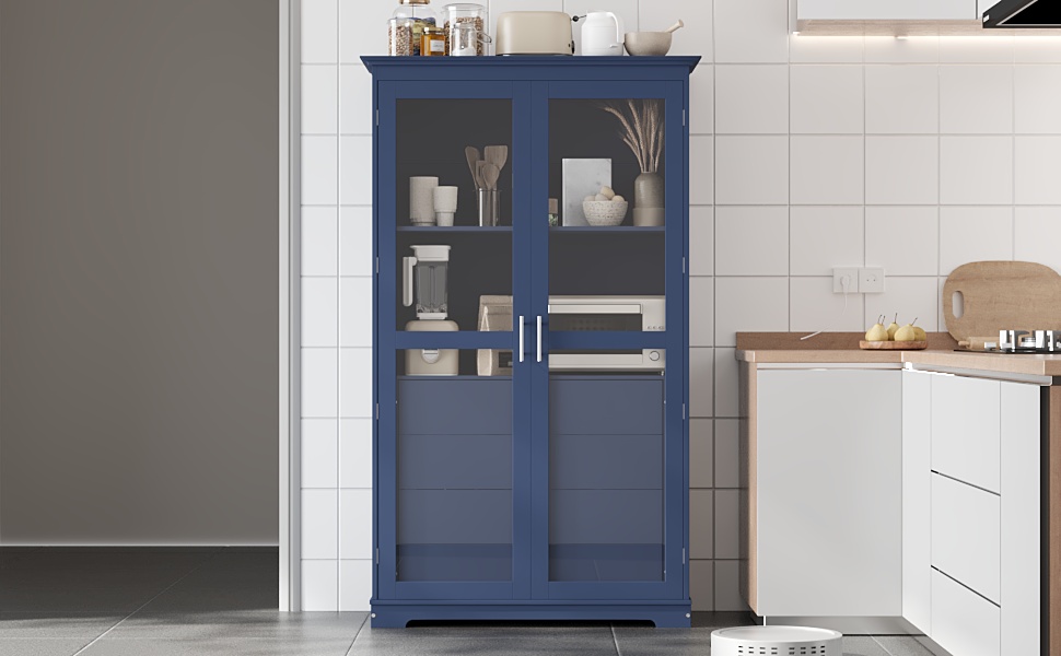 TOPMAX 44.7x20x75inch Kitchen Pantry, Freestanding Kitchen Storage Cabinet Display Cabinet with Glass Doors and 4 Built-in Drawers for Living Room, Home Office, Blue - Image 5