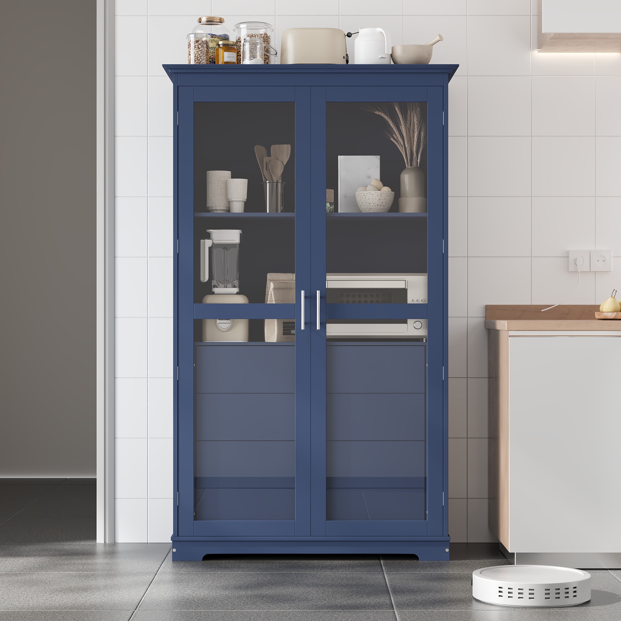 TOPMAX 44.7x20x75inch Kitchen Pantry, Freestanding Kitchen Storage Cabinet Display Cabinet with Glass Doors and 4 Built-in Drawers for Living Room, Home Office, Blue - Image 6