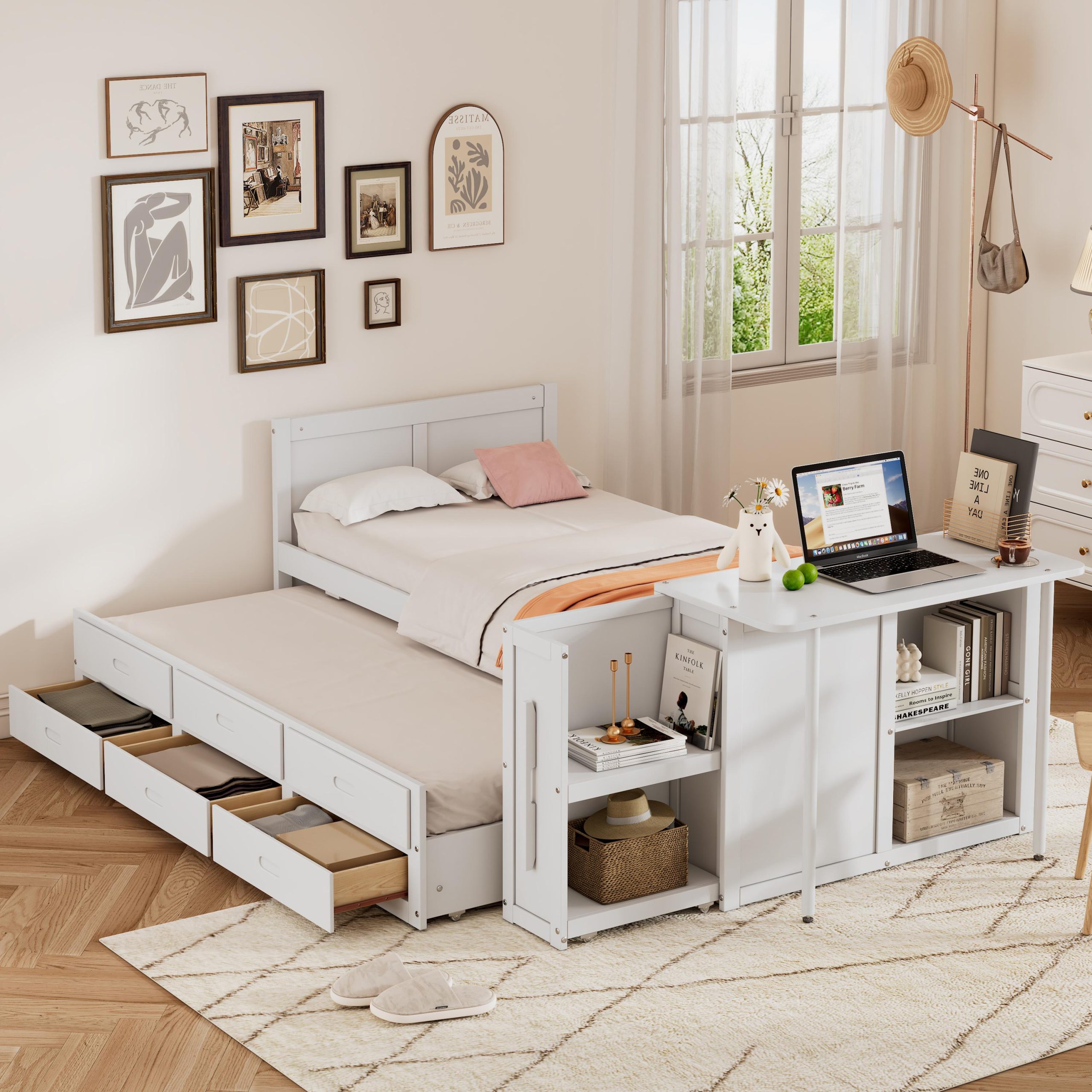 Twin Size Multifunctional Wood Platform Bed with Desk and Storage Shelf at the End of the Bed, Built-in Trundle and 3 Drawers, White - Image 2