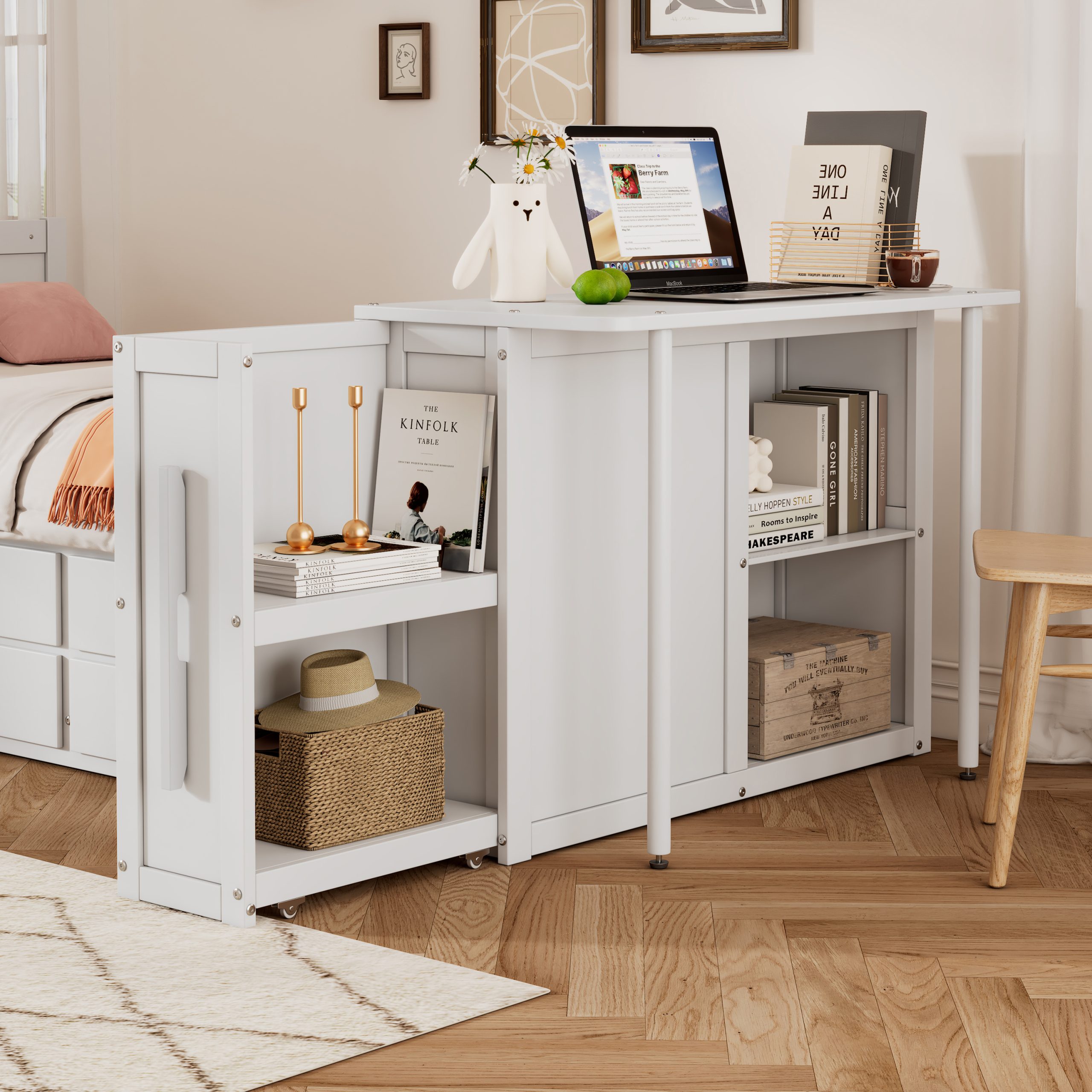 Twin Size Multifunctional Wood Platform Bed with Desk and Storage Shelf at the End of the Bed, Built-in Trundle and 3 Drawers, White - Image 3