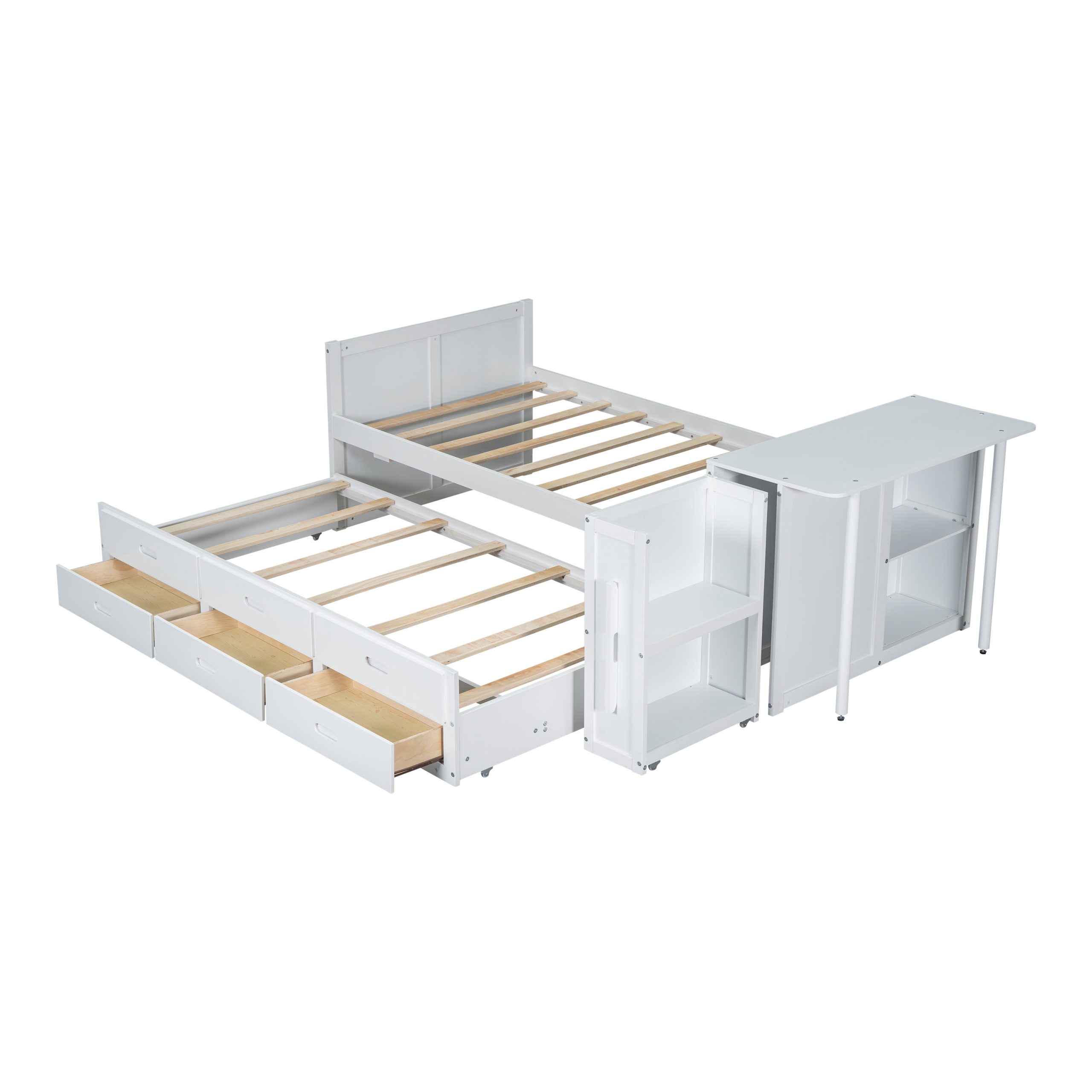 Twin Size Multifunctional Wood Platform Bed with Desk and Storage Shelf at the End of the Bed, Built-in Trundle and 3 Drawers, White - Image 4