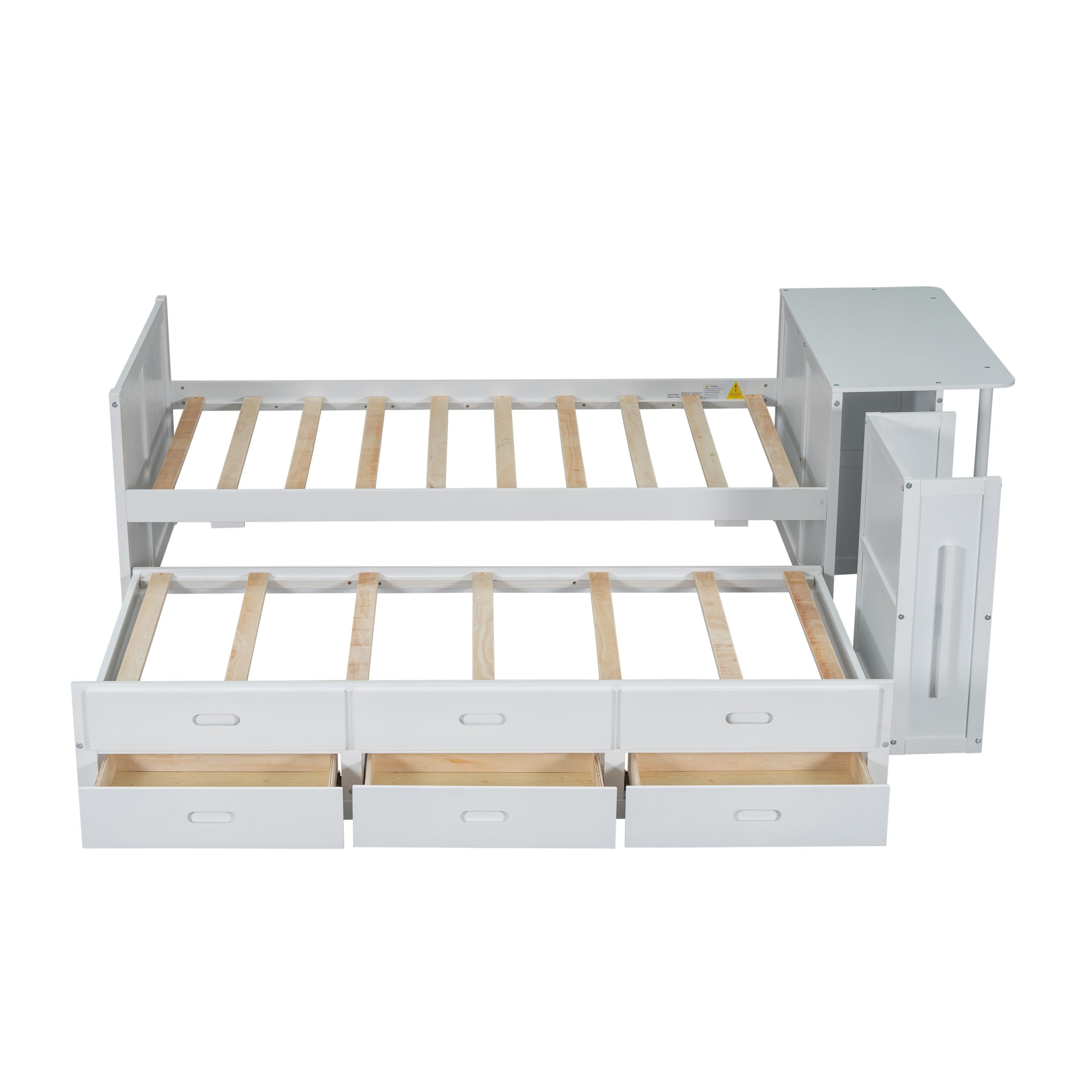 Twin Size Multifunctional Wood Platform Bed with Desk and Storage Shelf at the End of the Bed, Built-in Trundle and 3 Drawers, White - Image 5