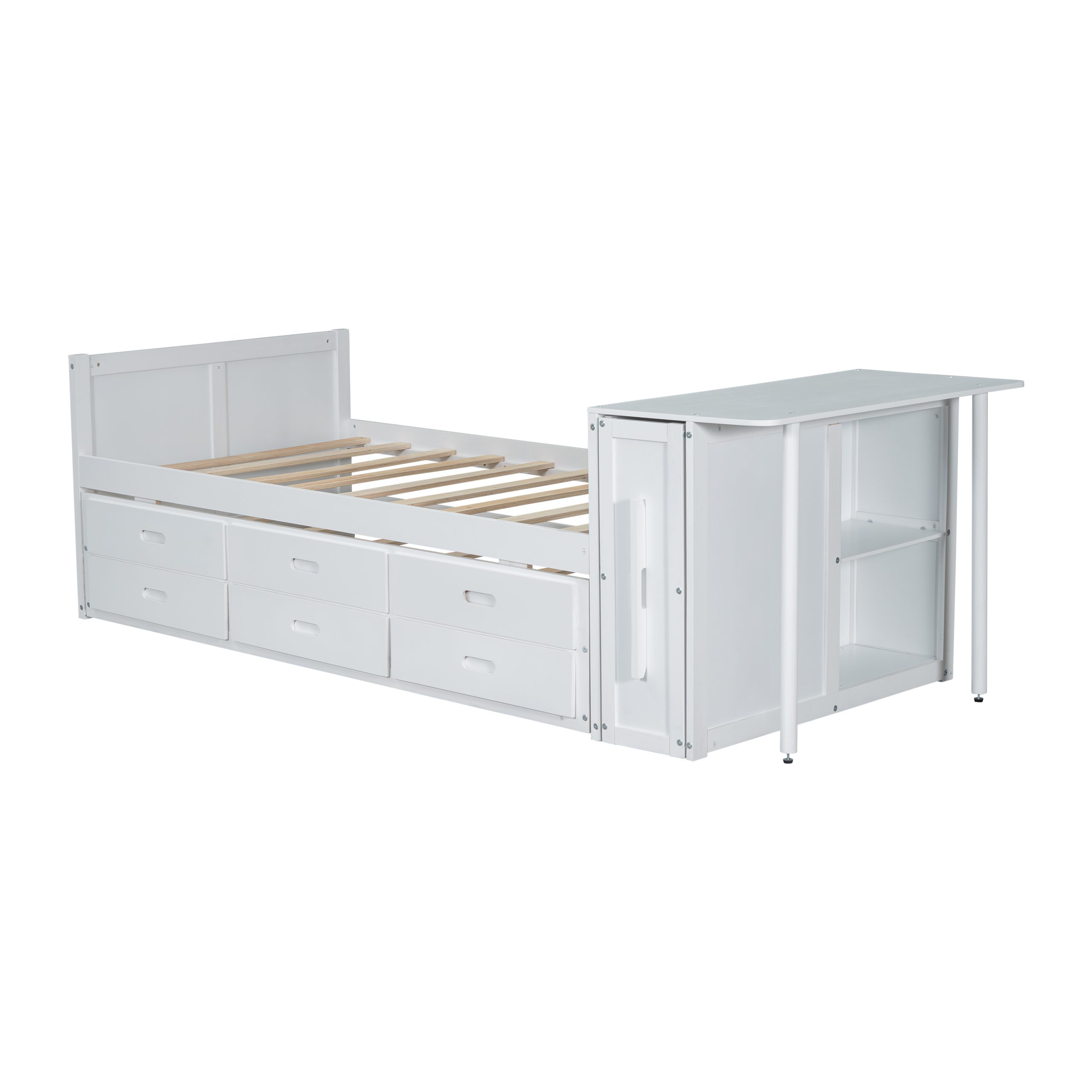 Twin Size Multifunctional Wood Platform Bed with Desk and Storage Shelf at the End of the Bed, Built-in Trundle and 3 Drawers, White - Image 6