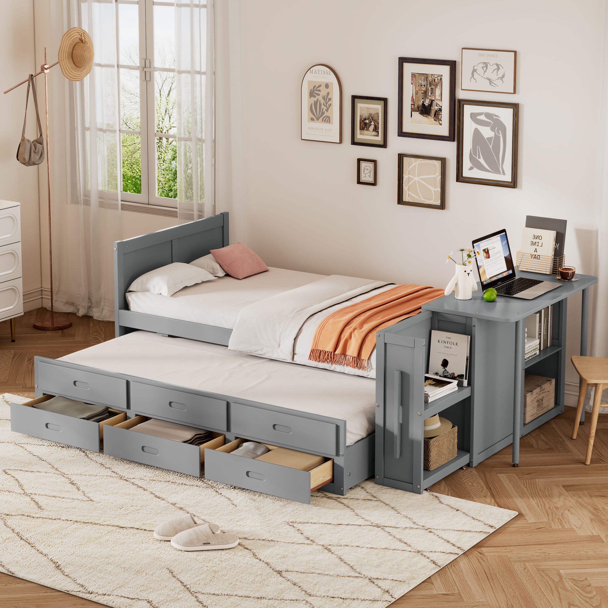 Twin Size Multifunctional Wood Platform Bed with Desk and Storage Shelf at the End of the Bed, Built-in Trundle and 3 Drawers, Gray - Image 1