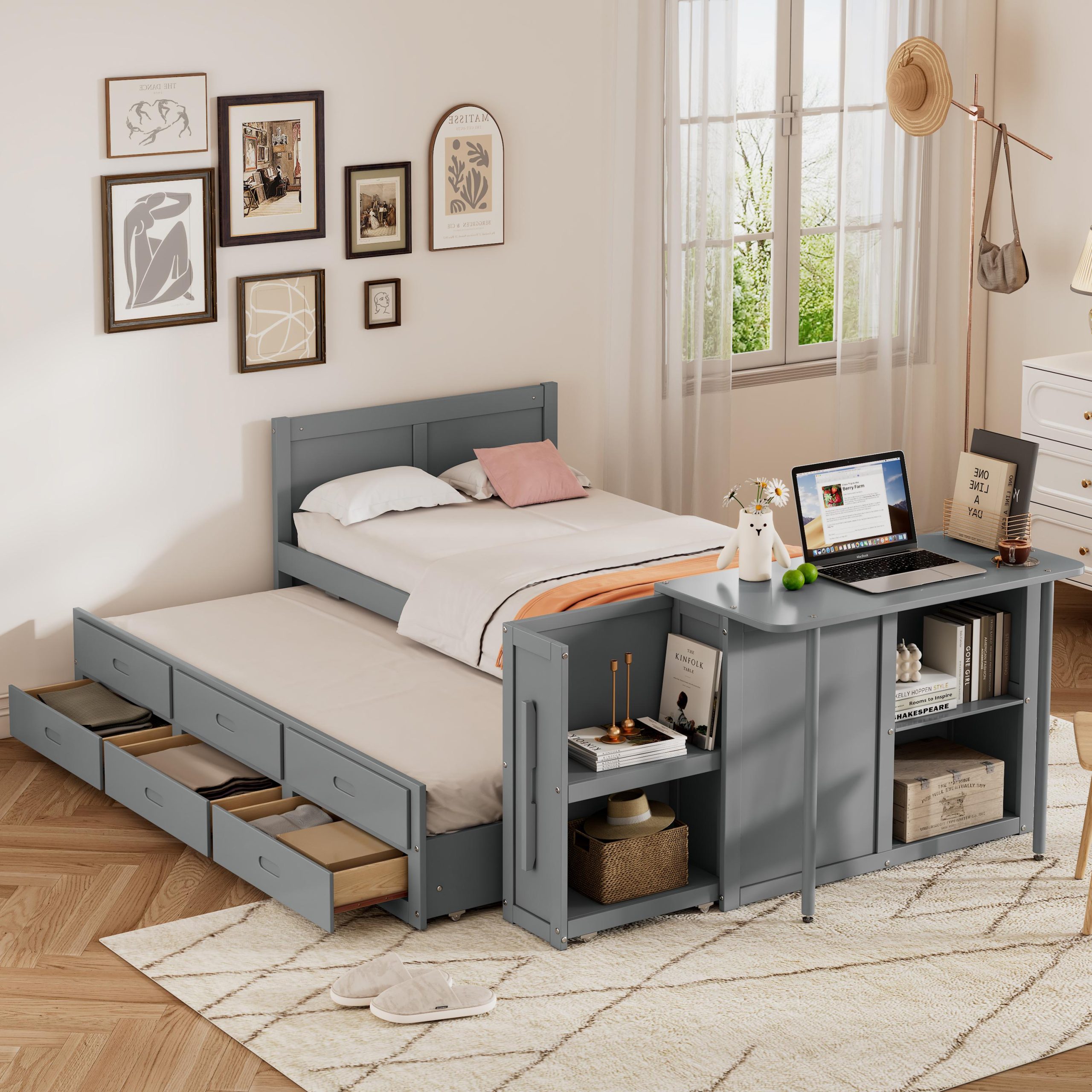 Twin Size Multifunctional Wood Platform Bed with Desk and Storage Shelf at the End of the Bed, Built-in Trundle and 3 Drawers, Gray - Image 2