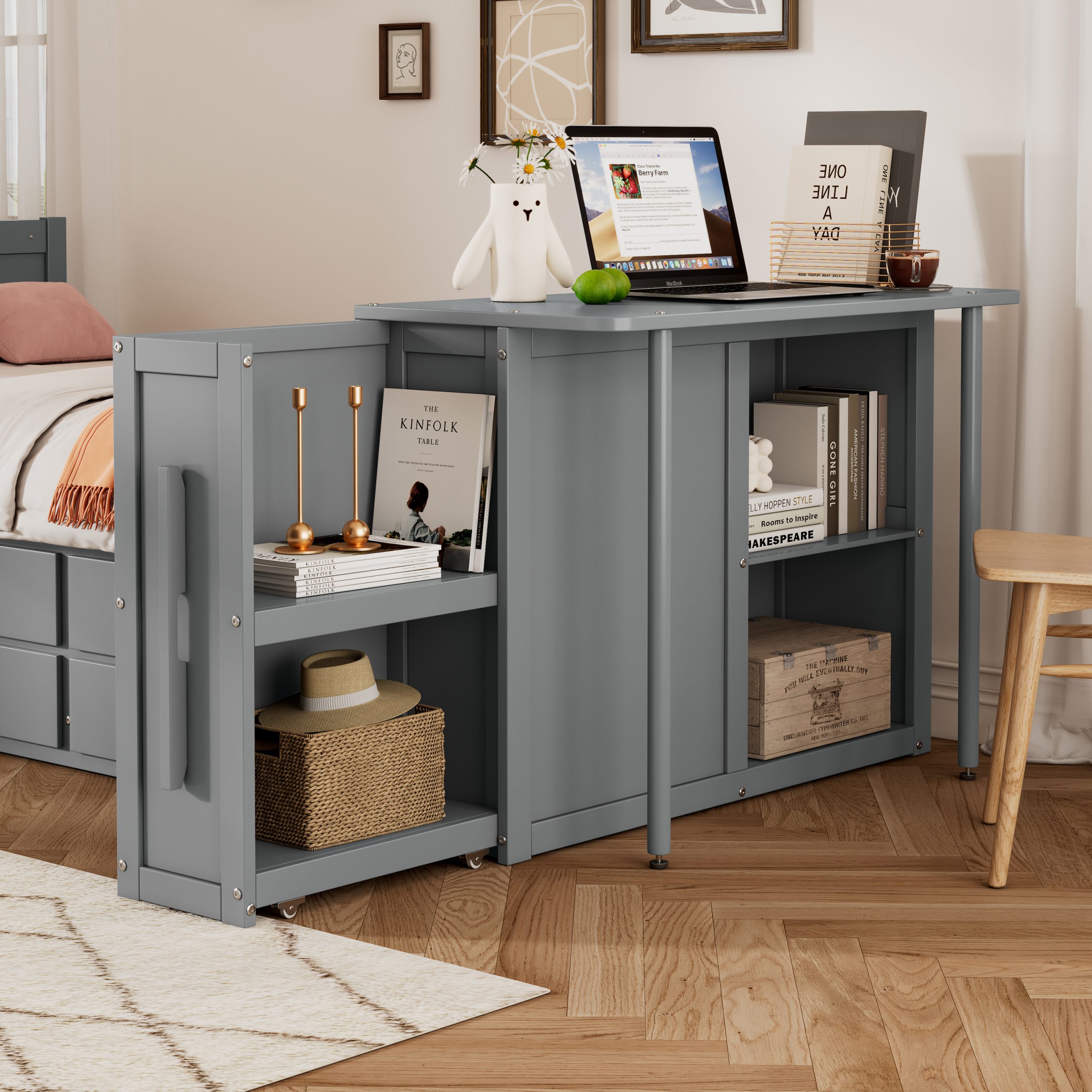 Twin Size Multifunctional Wood Platform Bed with Desk and Storage Shelf at the End of the Bed, Built-in Trundle and 3 Drawers, Gray - Image 3