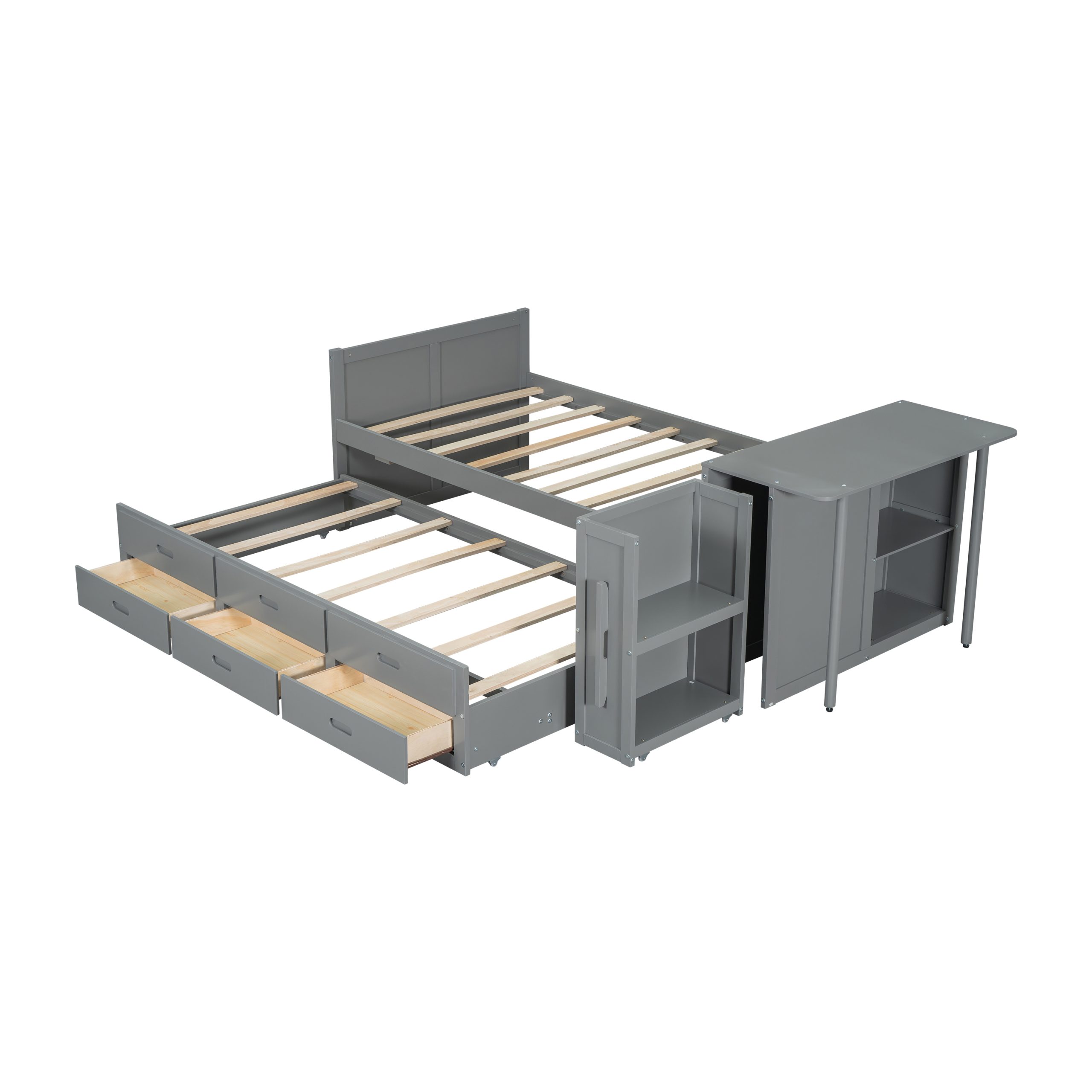 Twin Size Multifunctional Wood Platform Bed with Desk and Storage Shelf at the End of the Bed, Built-in Trundle and 3 Drawers, Gray - Image 4