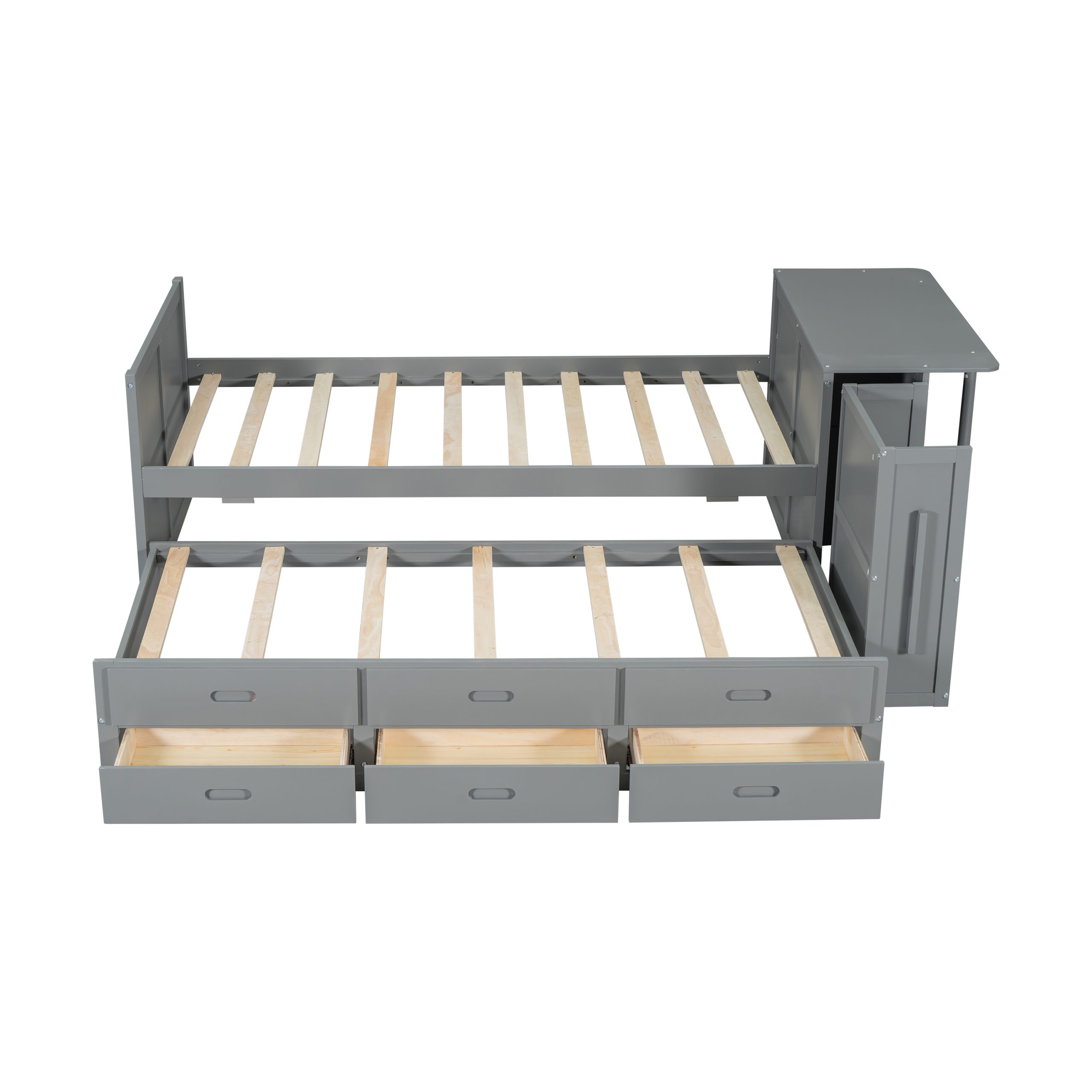 Twin Size Multifunctional Wood Platform Bed with Desk and Storage Shelf at the End of the Bed, Built-in Trundle and 3 Drawers, Gray - Image 5