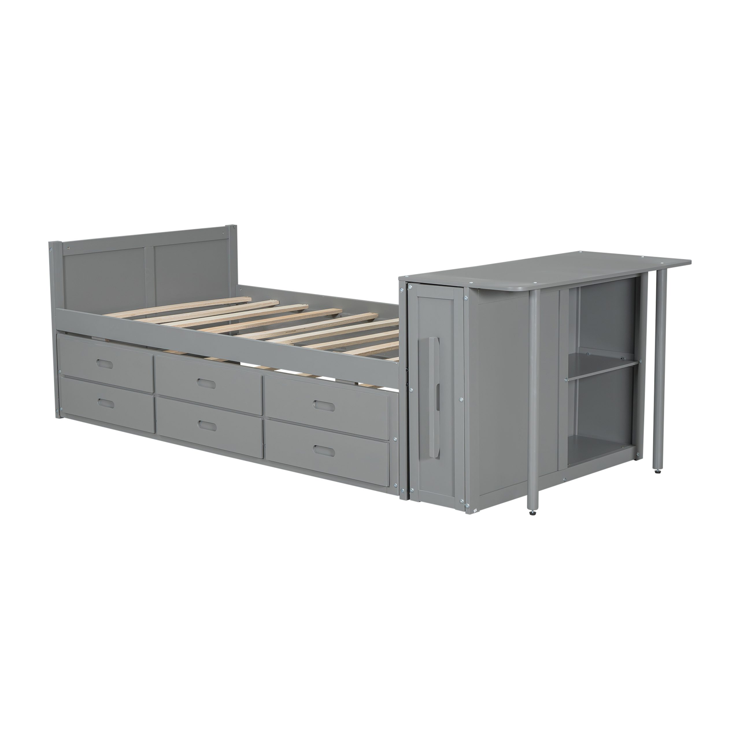 Twin Size Multifunctional Wood Platform Bed with Desk and Storage Shelf at the End of the Bed, Built-in Trundle and 3 Drawers, Gray - Image 6