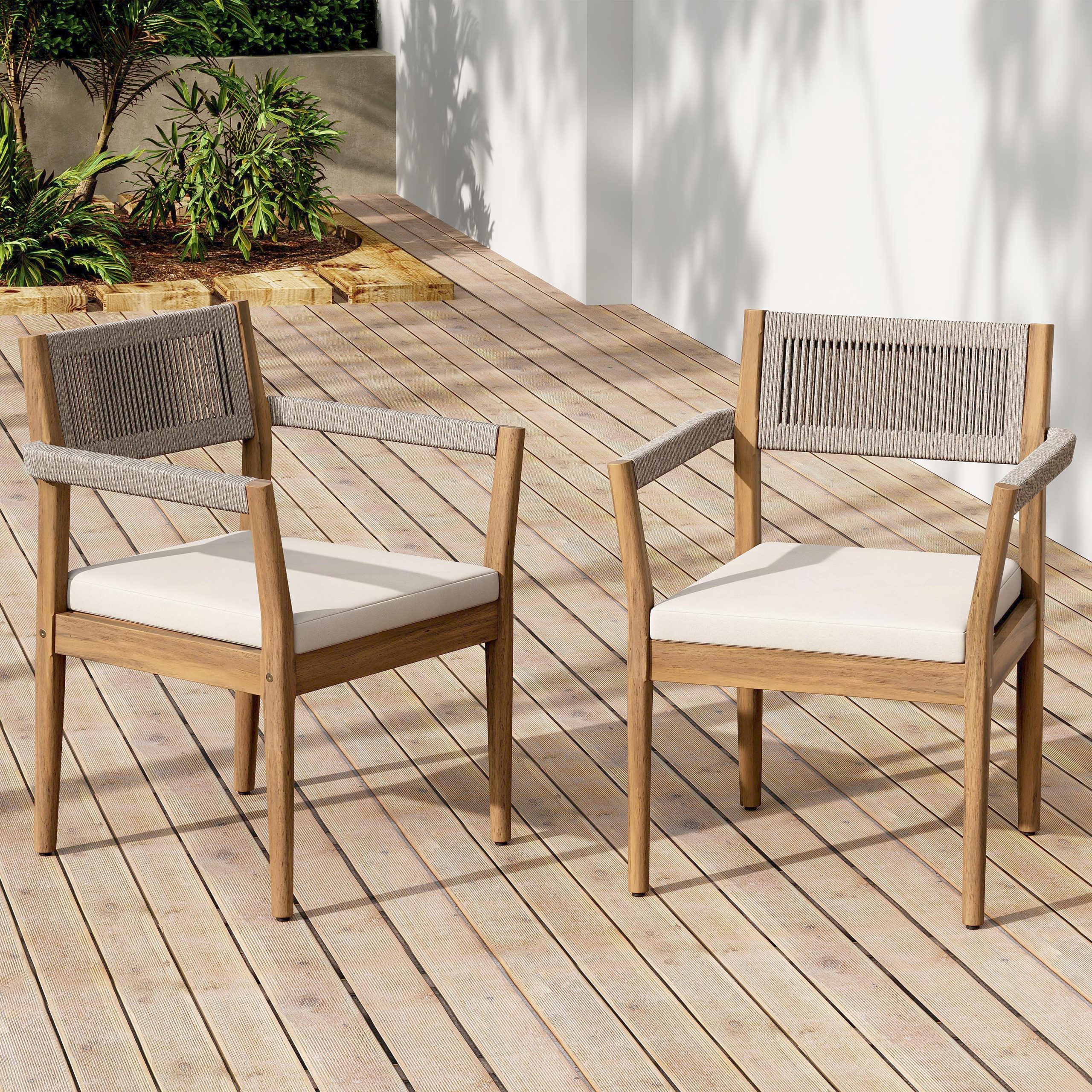 Braided Acacia Wood Outdoor Dining Chairs Set of 6 – Teak Look with Beige Rope & Cream Cushions, Armrests – All-Weather Patio Furniture for Garden, Poolside, and Backyard (Durable & Stylish) - Image 3