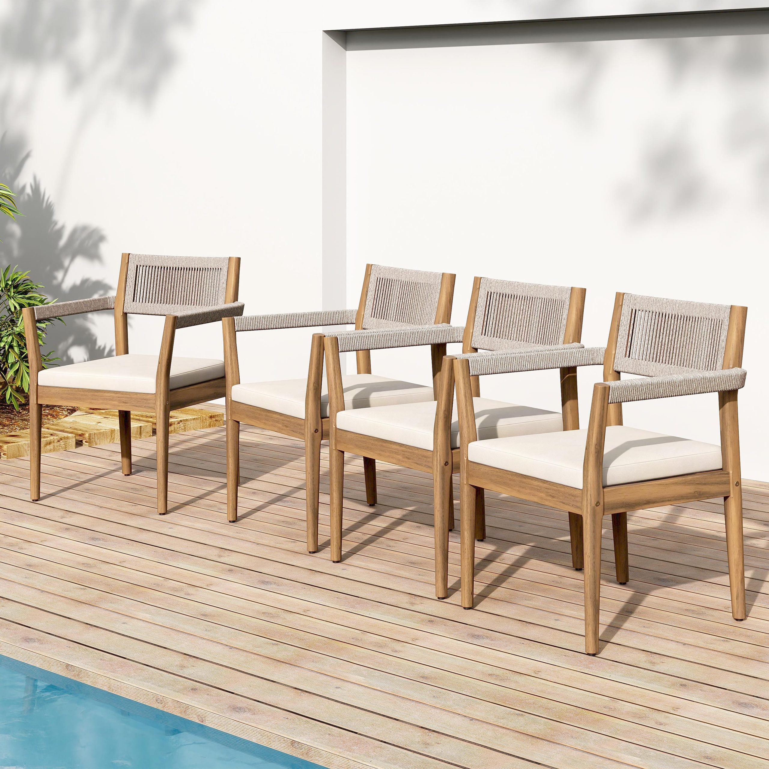 Braided Acacia Wood Outdoor Dining Chairs Set of 6 – Teak Look with Beige Rope & Cream Cushions, Armrests – All-Weather Patio Furniture for Garden, Poolside, and Backyard (Durable & Stylish) - Image 5