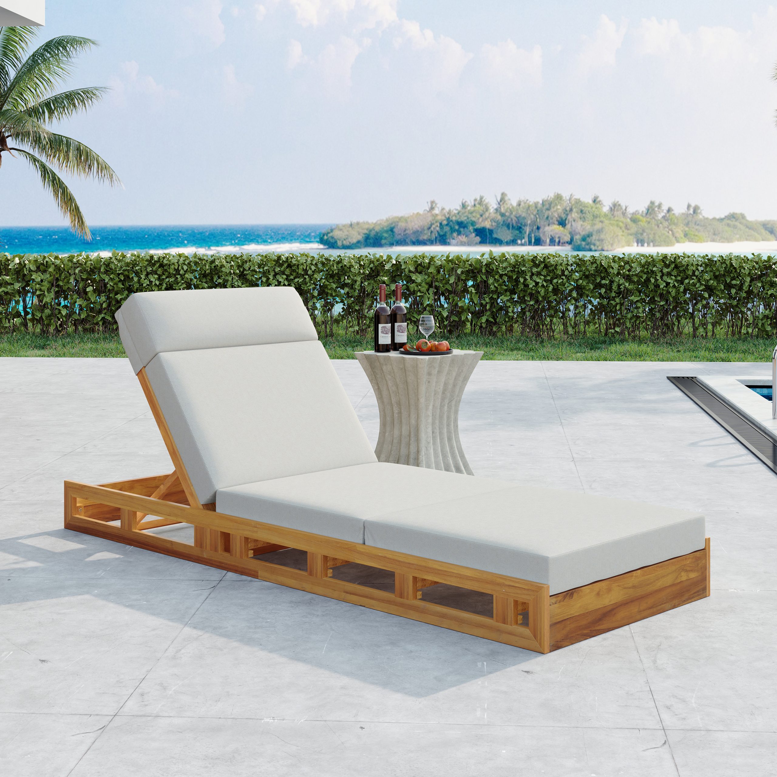 LOUNGE CHAISE SET WITH HEADREST,ACACIA WOOD WITH WATER-RESISTANT LOUNGE CUSHIONS (CREAM & 3-FOLD & 4 inch) - MATCHING DARK GREY/BEIGE VERSION AVAILABLE - Image 4