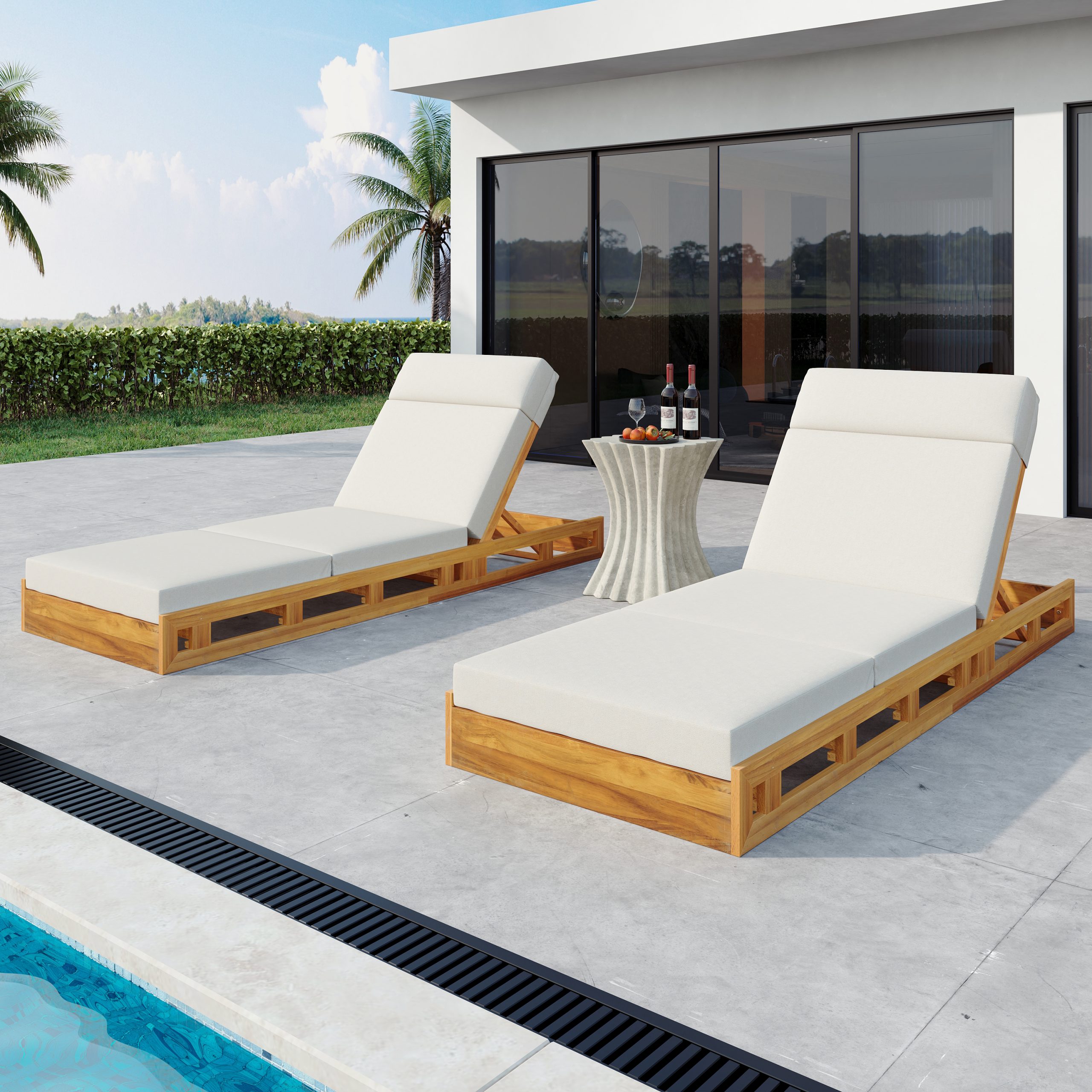 LOUNGE CHAISE SET WITH HEADREST,ACACIA WOOD WITH WATER-RESISTANT LOUNGE CUSHIONS (CREAM & 3-FOLD & 4 inch) - MATCHING DARK GREY/BEIGE VERSION AVAILABLE - Image 5