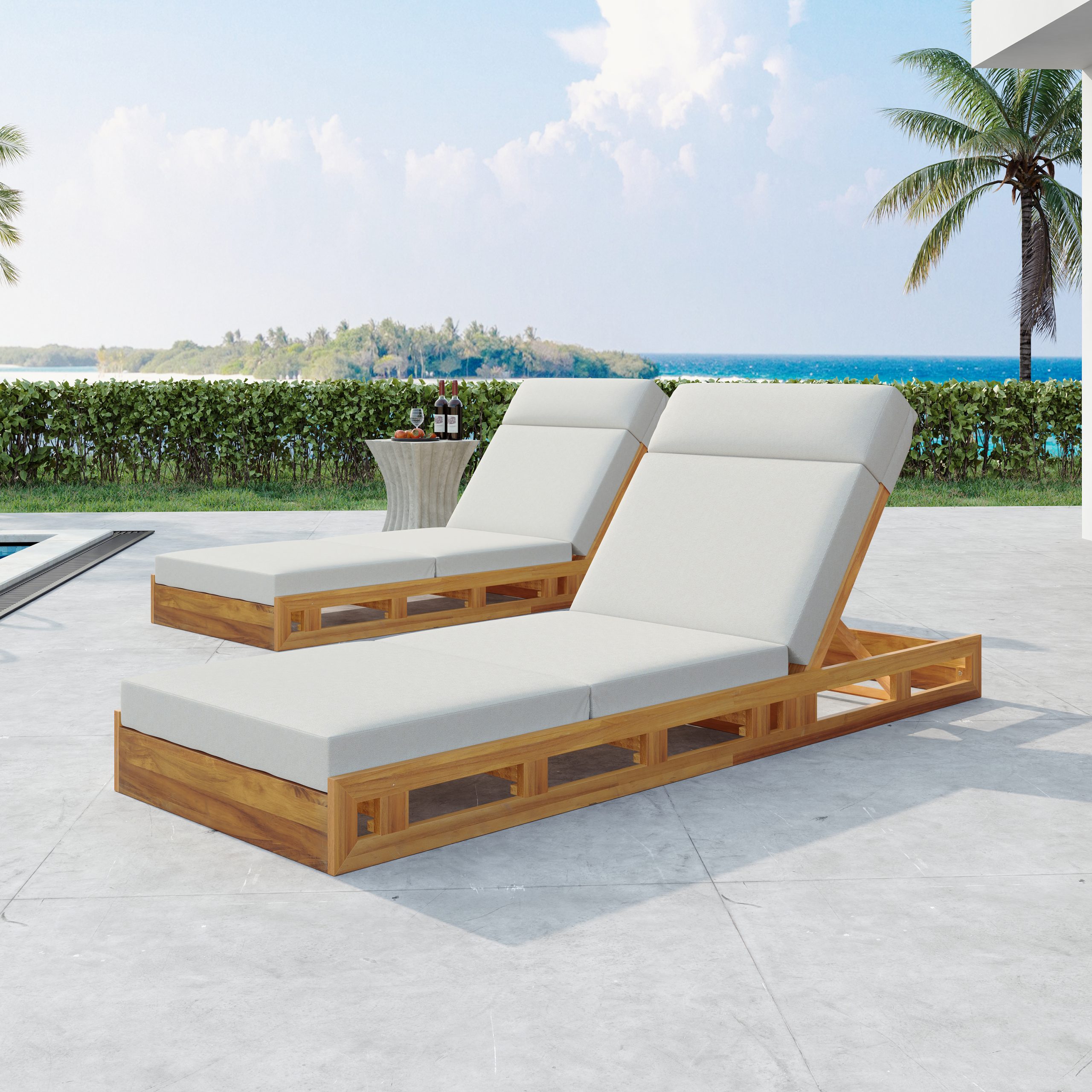 LOUNGE CHAISE SET WITH HEADREST,ACACIA WOOD WITH WATER-RESISTANT LOUNGE CUSHIONS (CREAM & 3-FOLD & 4 inch) - MATCHING DARK GREY/BEIGE VERSION AVAILABLE - Image 6