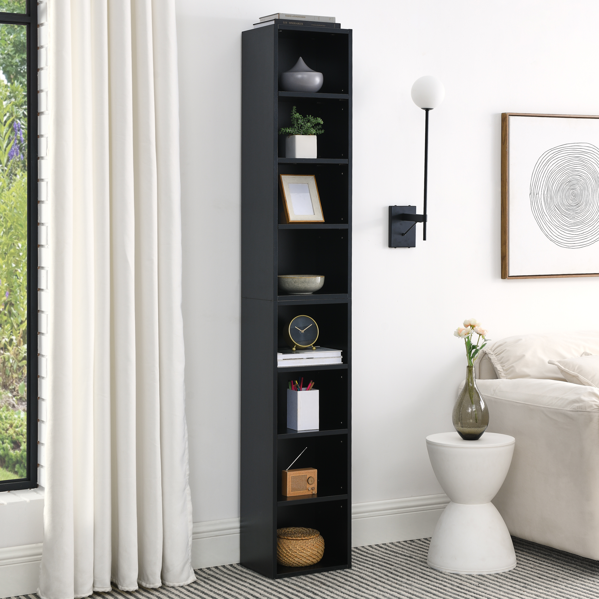 8-Tier Media Tower Rack, CD DVD Slim Storage Cabinet with Adjustable Shelves, Tall Narrow Bookcase Display Bookshelf for Home Office,Multi-functional double-decker bookcase - Image 1