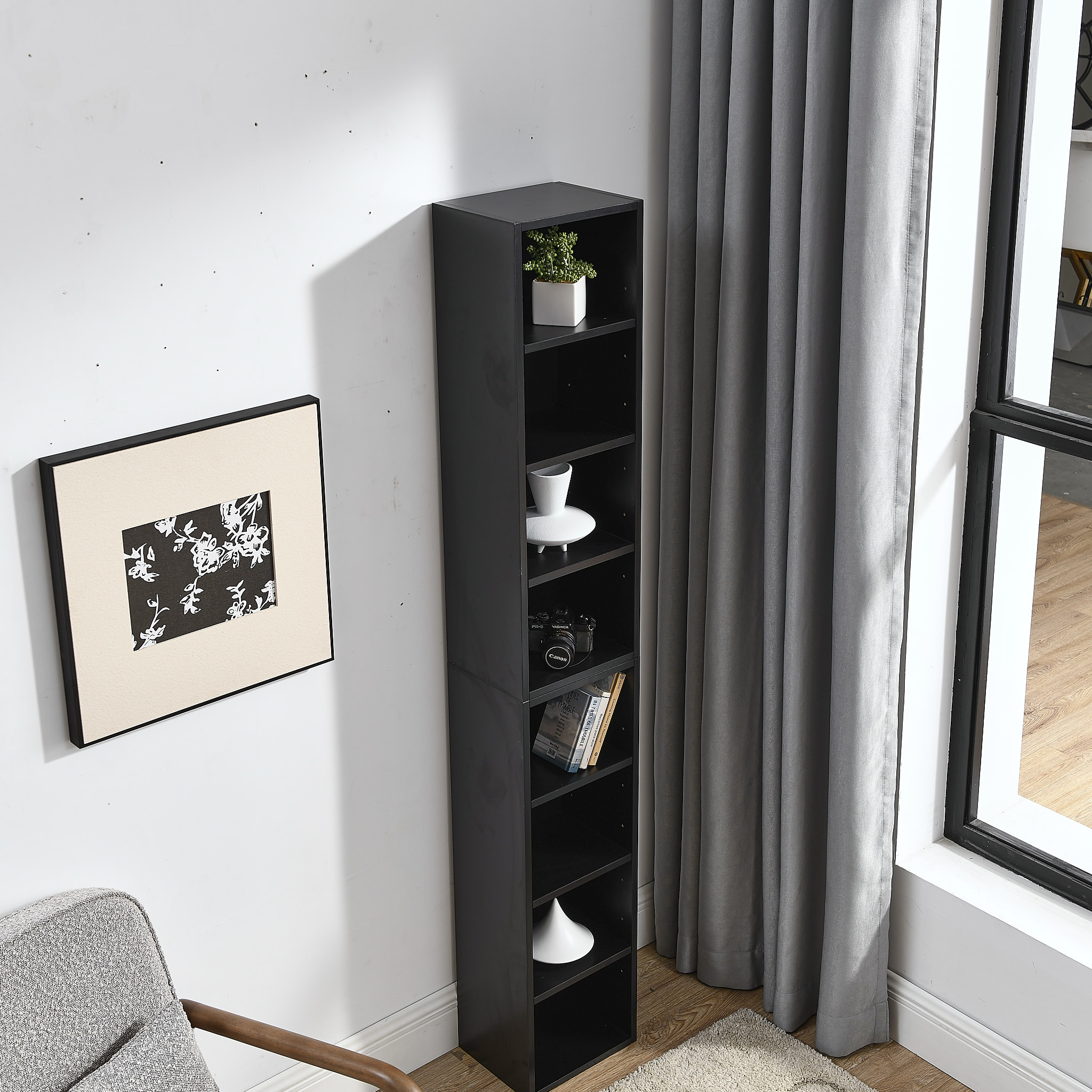 8-Tier Media Tower Rack, CD DVD Slim Storage Cabinet with Adjustable Shelves, Tall Narrow Bookcase Display Bookshelf for Home Office,Multi-functional double-decker bookcase - Image 6