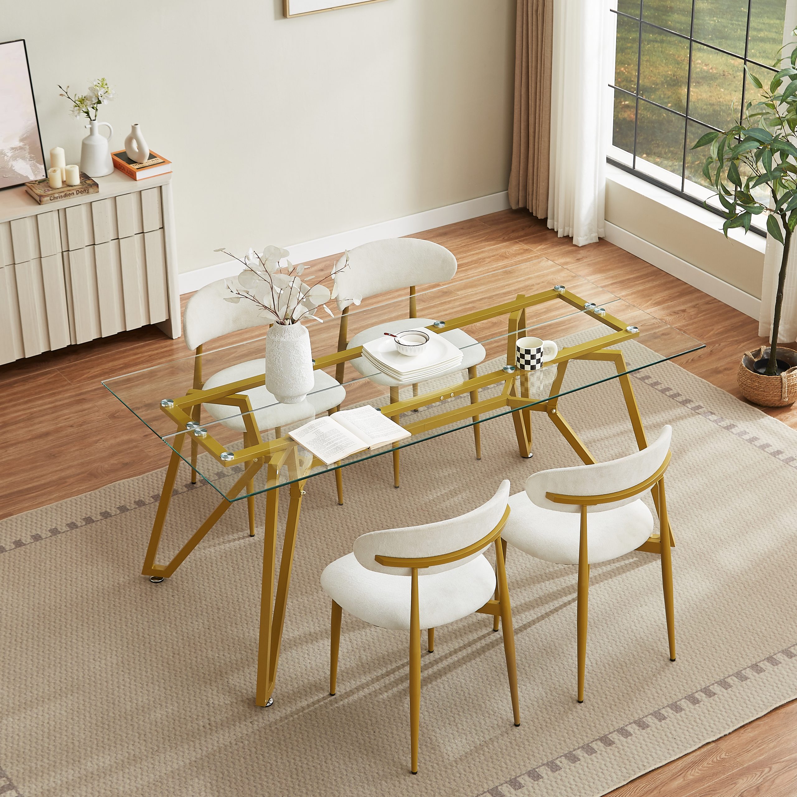 70.9-inch rectangular glass dining table, suitable for 1-8 people, modern style home kitchen dining table, equipped with sturdy metal table legs,suitable for dining room,living rooms, offices, Gold - Image 2