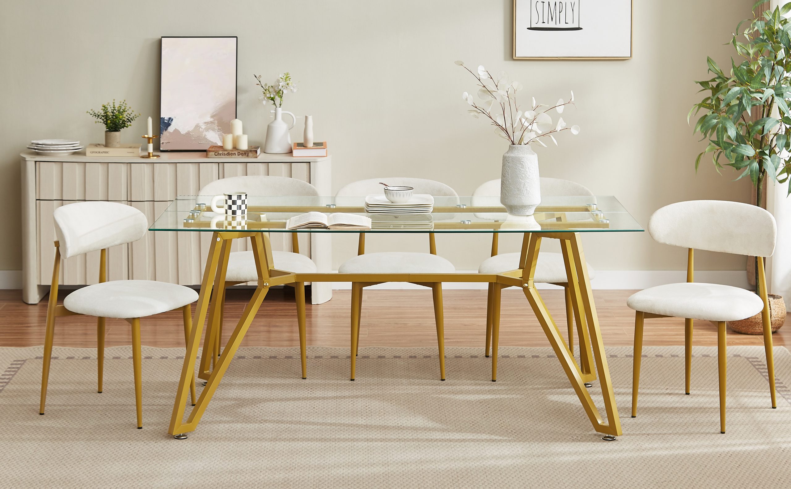 70.9-inch rectangular glass dining table, suitable for 1-8 people, modern style home kitchen dining table, equipped with sturdy metal table legs,suitable for dining room,living rooms, offices, Gold - Image 3