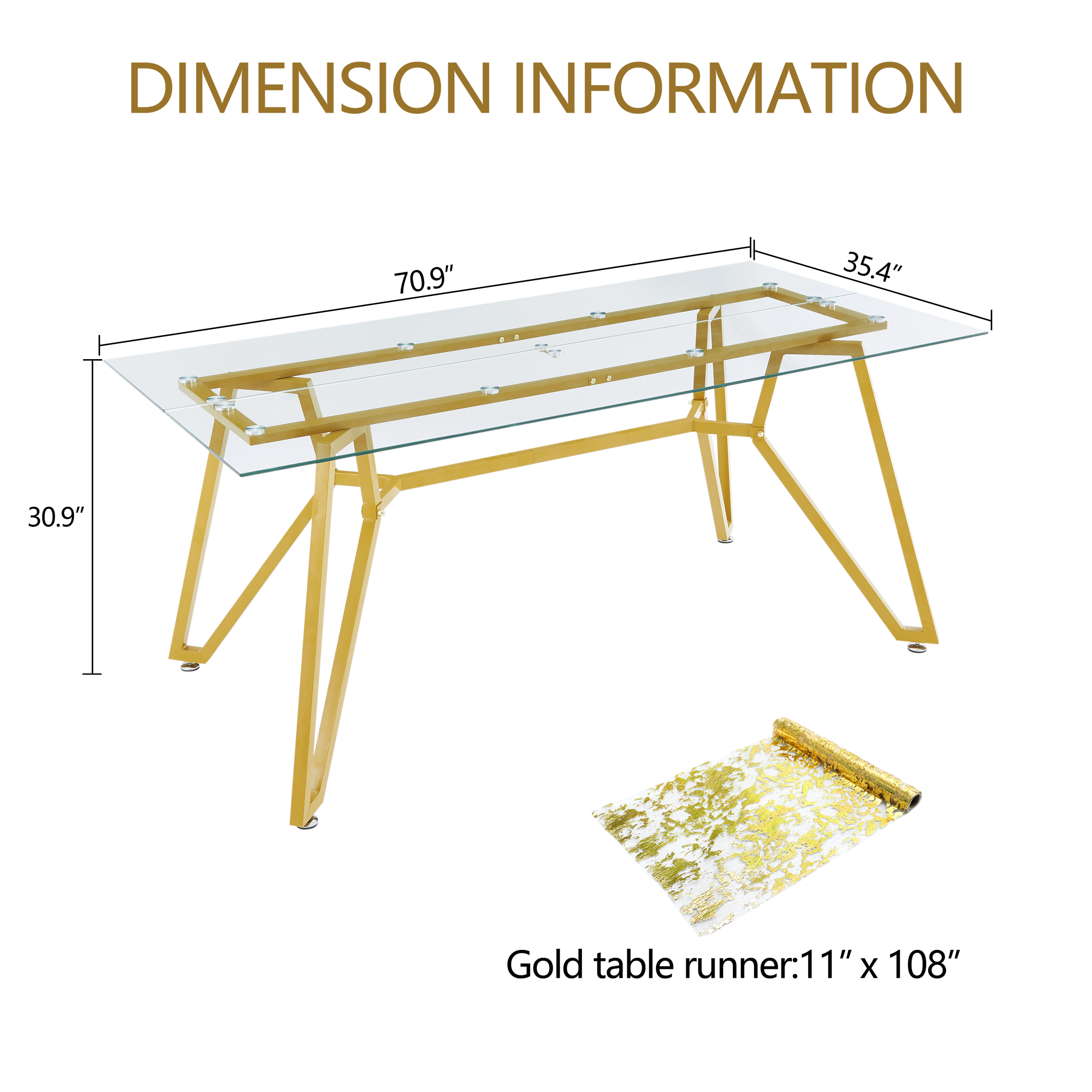 70.9-inch rectangular glass dining table, suitable for 1-8 people, modern style home kitchen dining table, equipped with sturdy metal table legs,suitable for dining room,living rooms, offices, Gold - Image 4