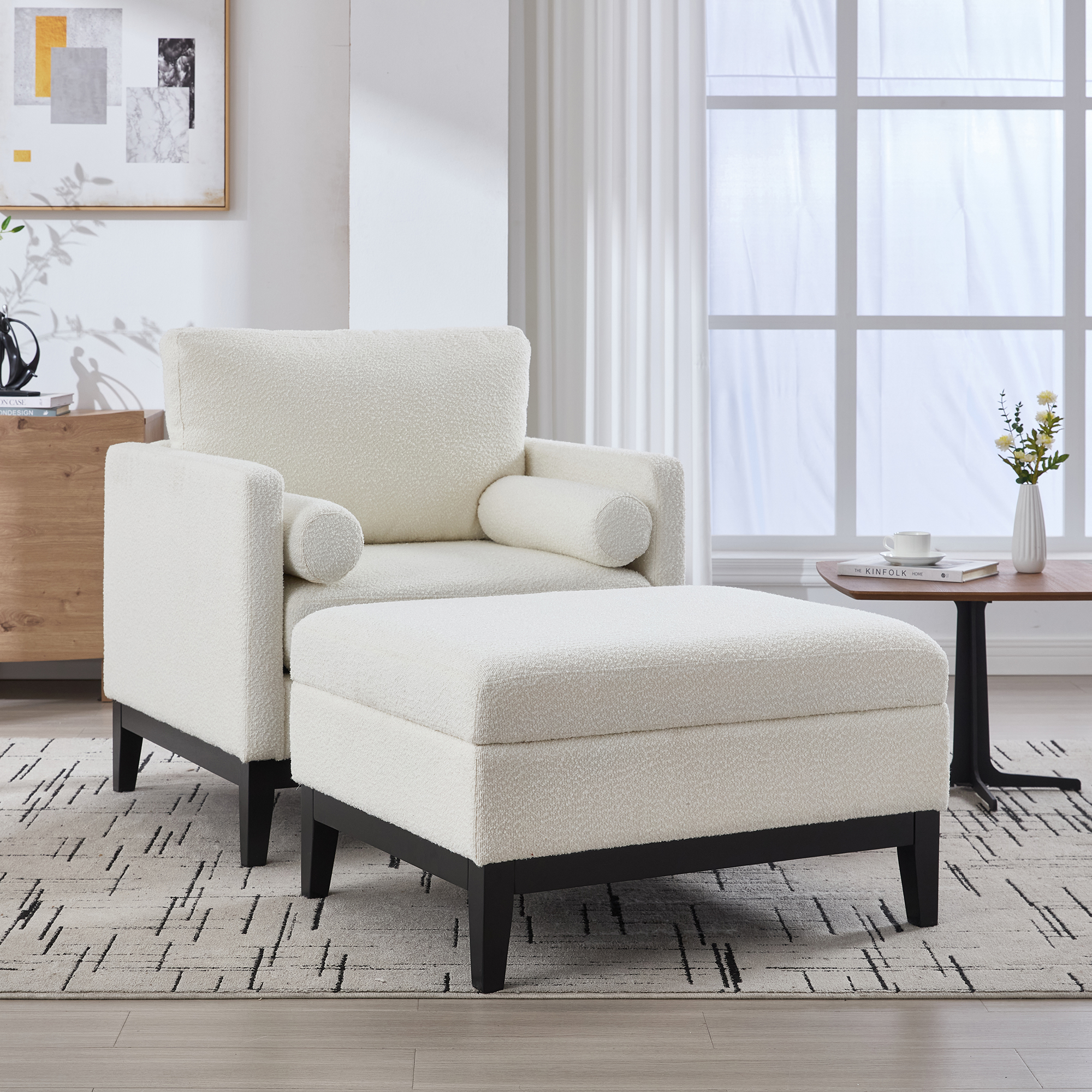 35.4 “Wide Farmhouse Performance Upholstered Wood Base Square Accent Arm Chair with Ottoman Black Finish Legs with Reversible Lid Coffee Table for Living Room Office and Lounge, Ivory Boucle.