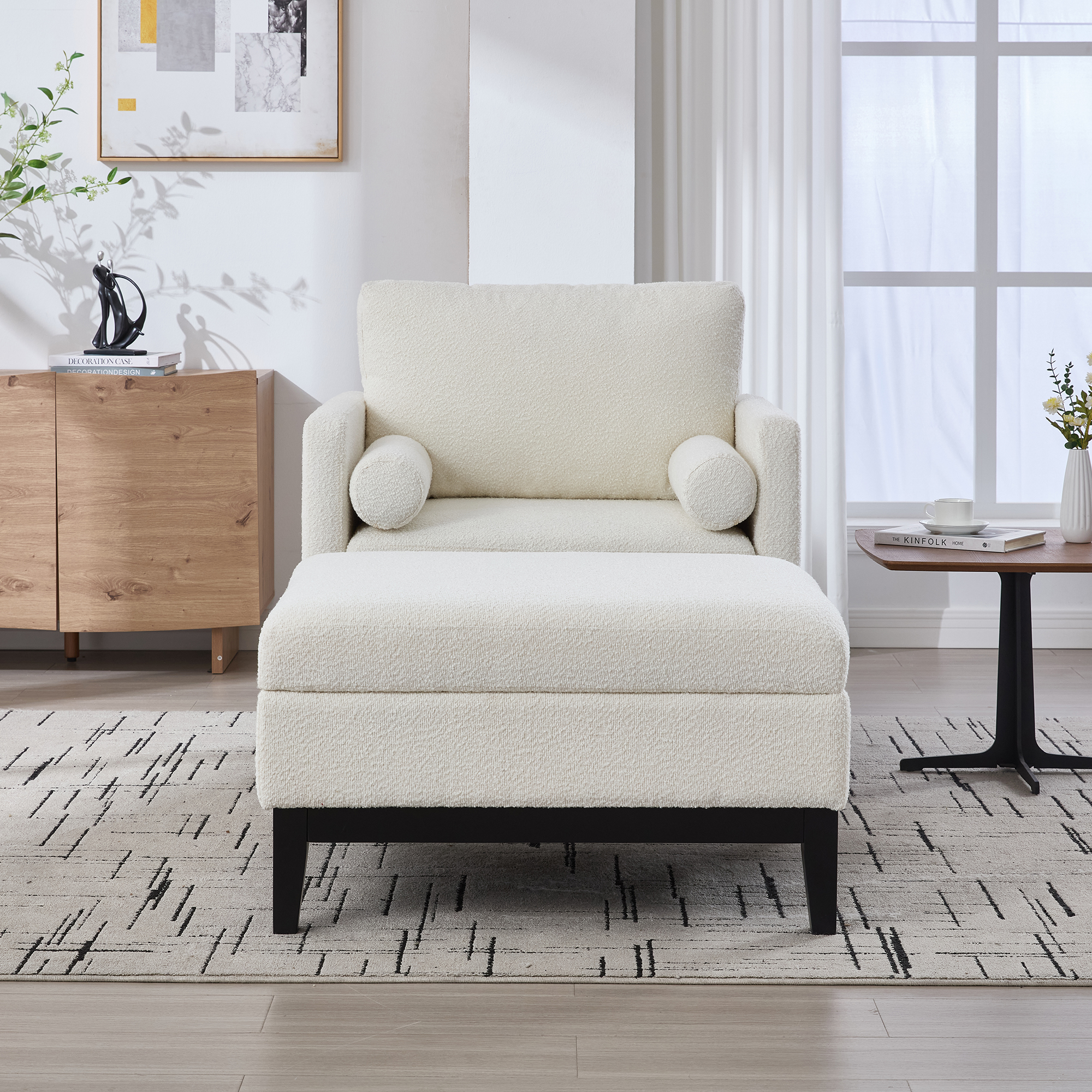 35.4 "Wide Farmhouse Performance Upholstered Wood Base Square Accent Arm Chair with Ottoman Black Finish Legs with Reversible Lid Coffee Table for Living Room Office and Lounge, Ivory Boucle. - Image 2