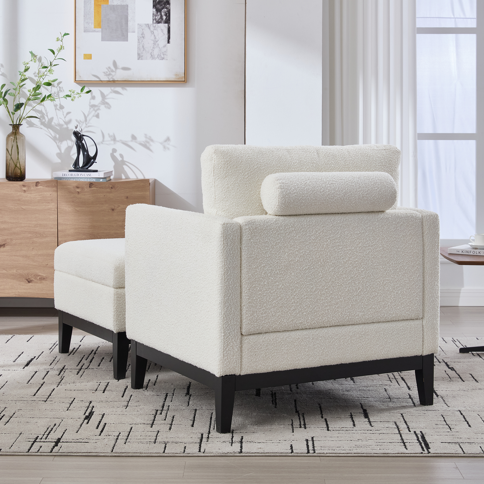 35.4 "Wide Farmhouse Performance Upholstered Wood Base Square Accent Arm Chair with Ottoman Black Finish Legs with Reversible Lid Coffee Table for Living Room Office and Lounge, Ivory Boucle. - Image 3