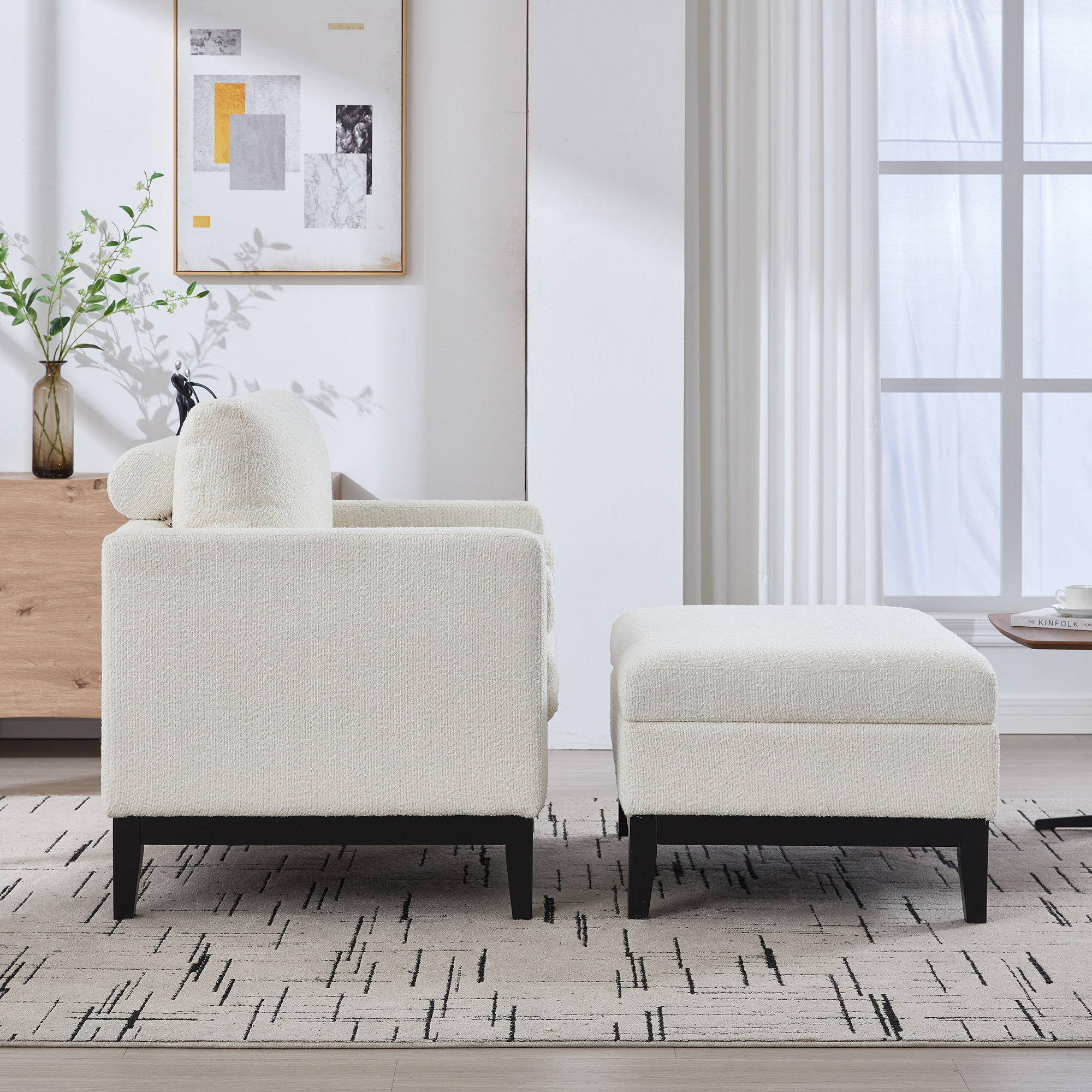 35.4 "Wide Farmhouse Performance Upholstered Wood Base Square Accent Arm Chair with Ottoman Black Finish Legs with Reversible Lid Coffee Table for Living Room Office and Lounge, Ivory Boucle. - Image 4