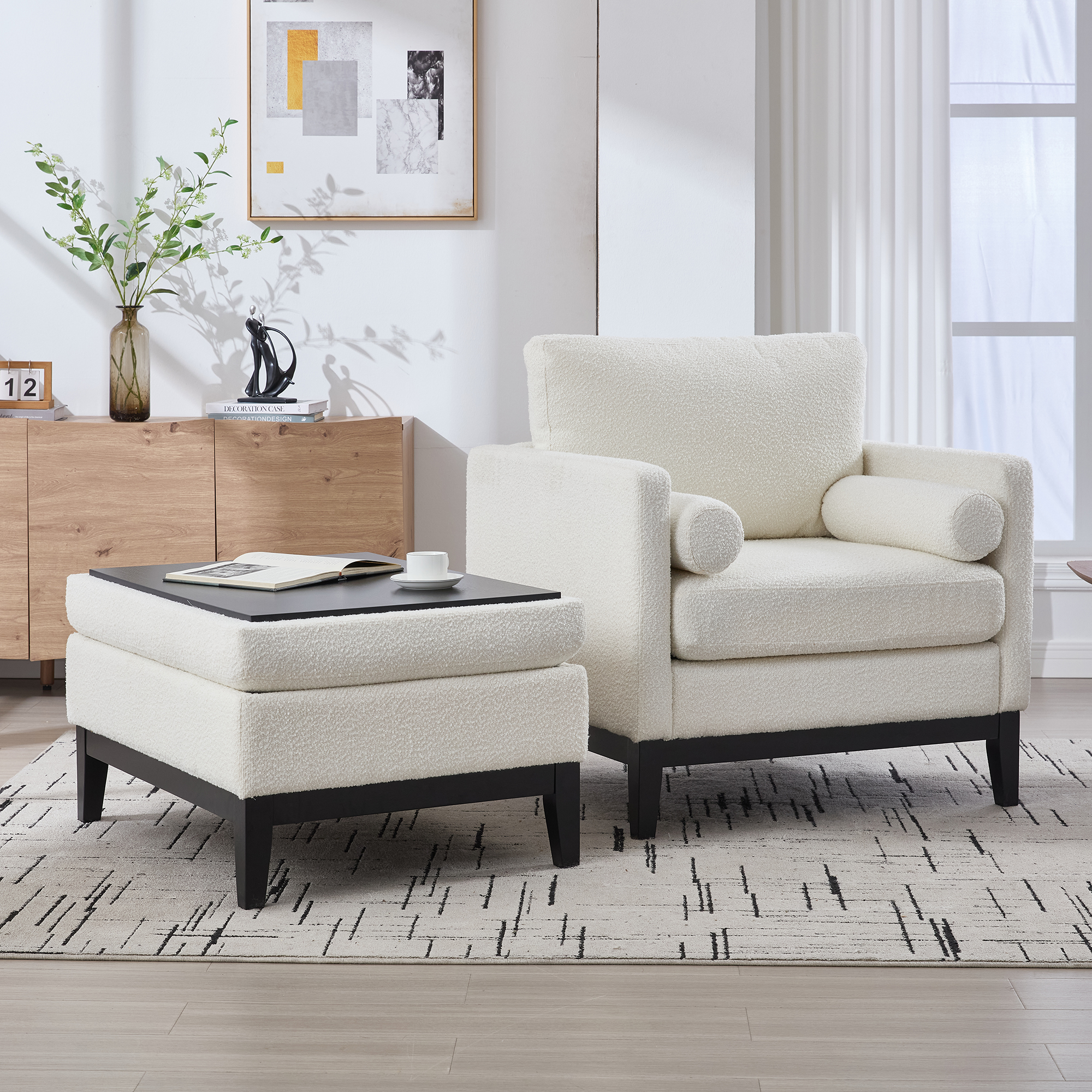 35.4 "Wide Farmhouse Performance Upholstered Wood Base Square Accent Arm Chair with Ottoman Black Finish Legs with Reversible Lid Coffee Table for Living Room Office and Lounge, Ivory Boucle. - Image 5