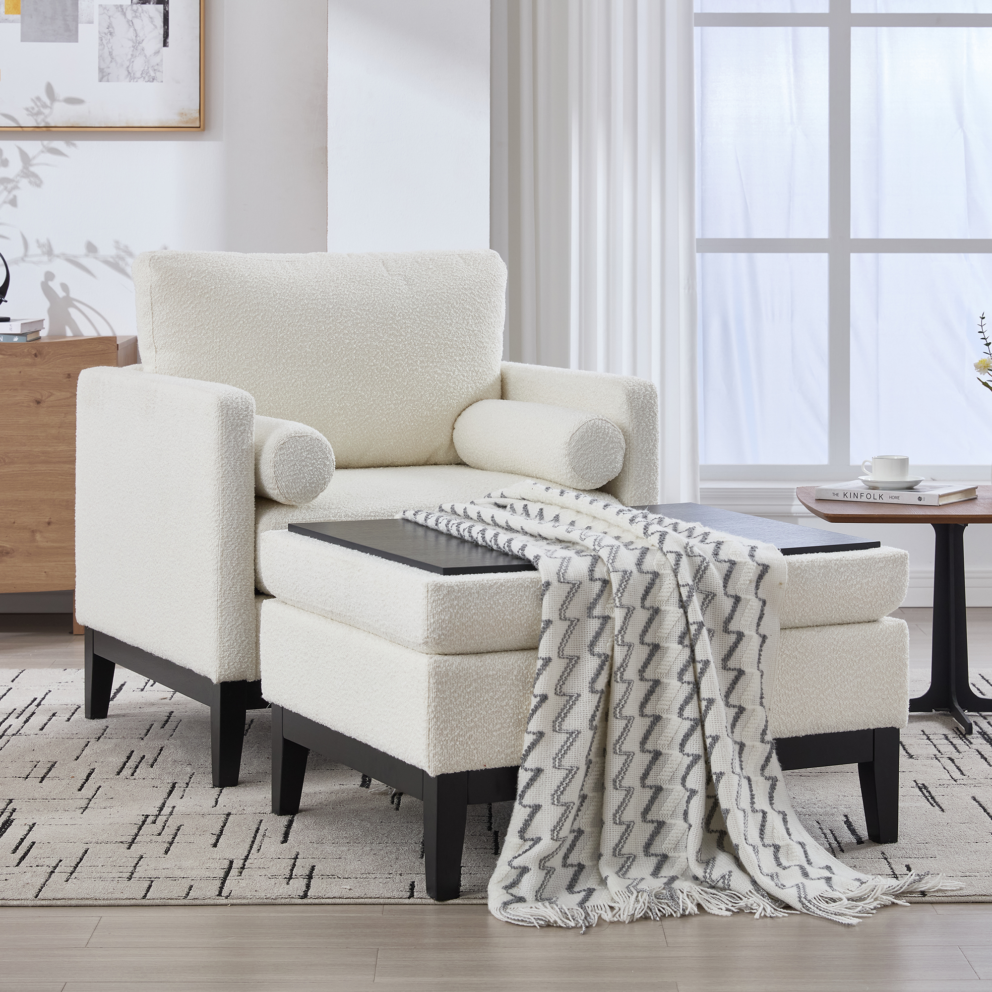 35.4 "Wide Farmhouse Performance Upholstered Wood Base Square Accent Arm Chair with Ottoman Black Finish Legs with Reversible Lid Coffee Table for Living Room Office and Lounge, Ivory Boucle. - Image 6