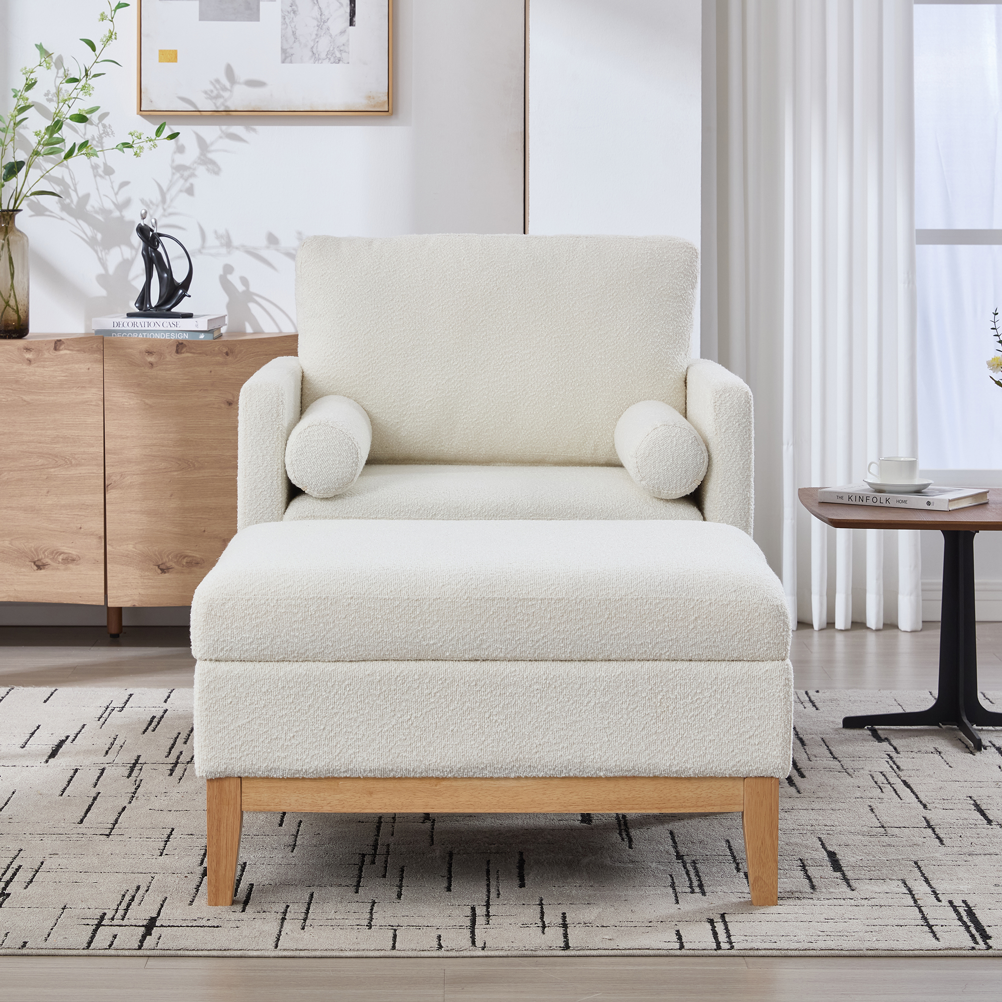 35.4 "Wide Farmhouse Performance Upholstered Wood Base Square Accent Arm Chair with Ottoman Natural Wood Legs with Reversible Lid Coffee Table for Living Room Office and Lounge, Ivory Boucle. - Image 2