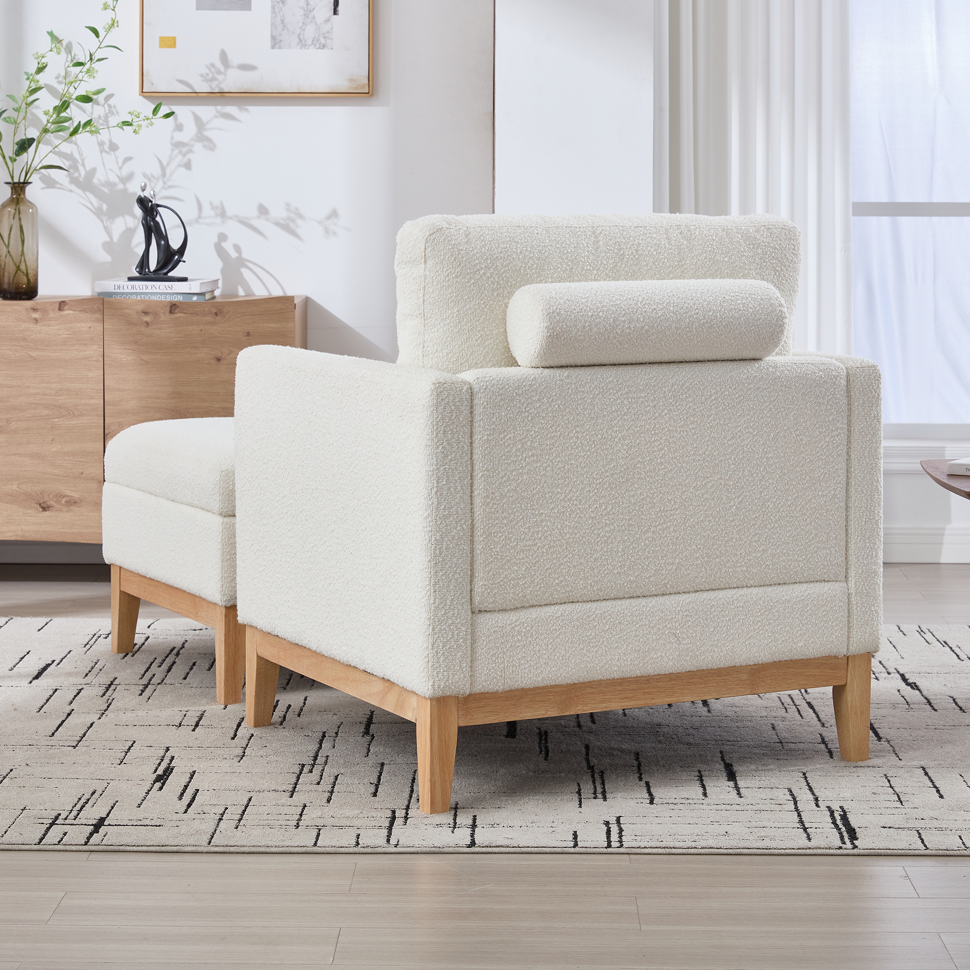 35.4 "Wide Farmhouse Performance Upholstered Wood Base Square Accent Arm Chair with Ottoman Natural Wood Legs with Reversible Lid Coffee Table for Living Room Office and Lounge, Ivory Boucle. - Image 3