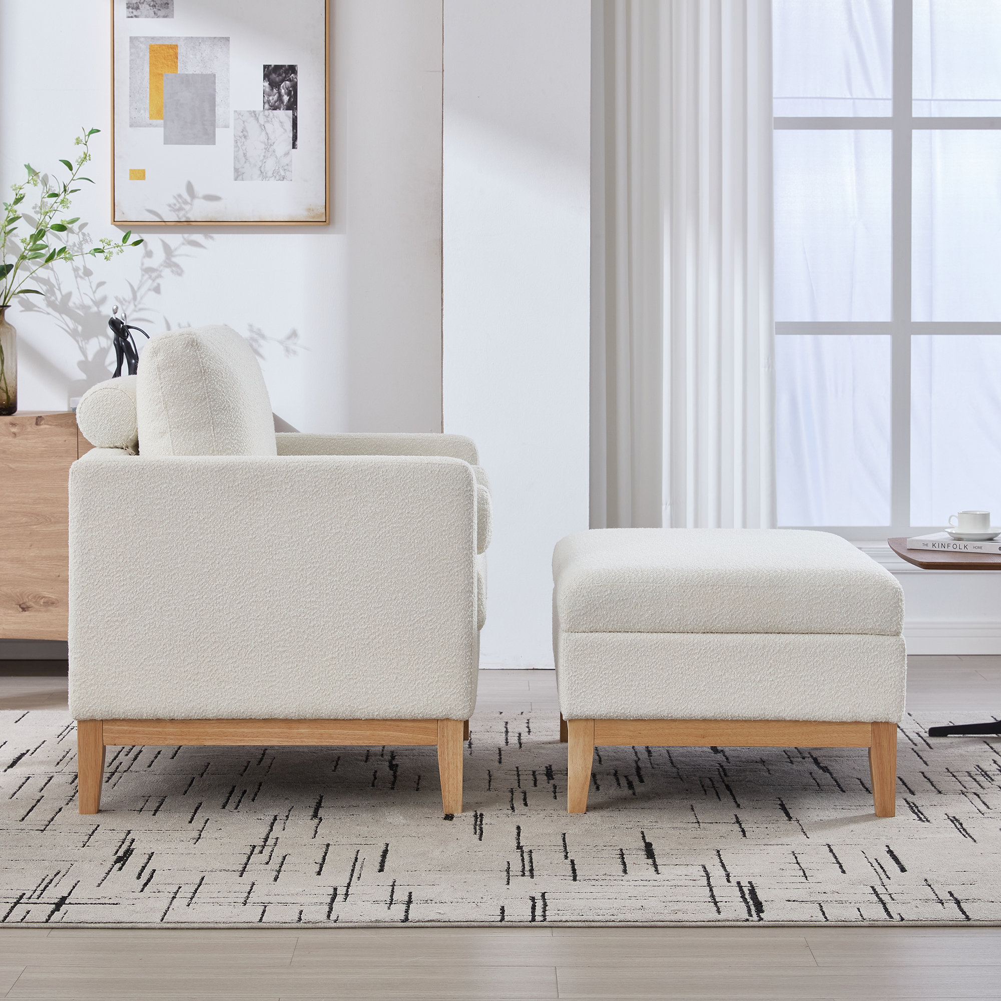 35.4 "Wide Farmhouse Performance Upholstered Wood Base Square Accent Arm Chair with Ottoman Natural Wood Legs with Reversible Lid Coffee Table for Living Room Office and Lounge, Ivory Boucle. - Image 4