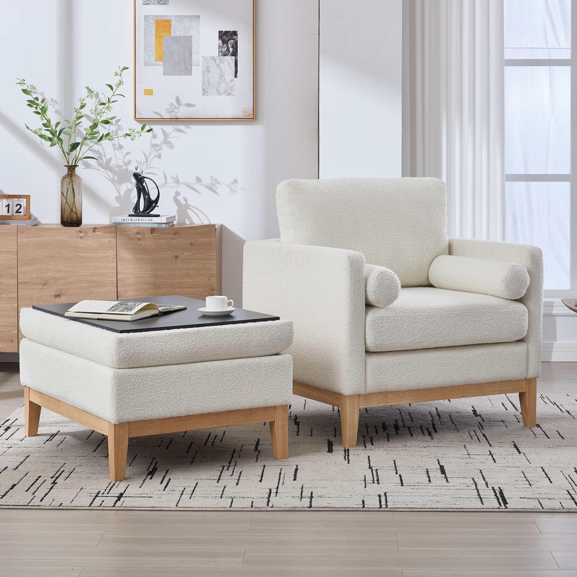 35.4 "Wide Farmhouse Performance Upholstered Wood Base Square Accent Arm Chair with Ottoman Natural Wood Legs with Reversible Lid Coffee Table for Living Room Office and Lounge, Ivory Boucle. - Image 5