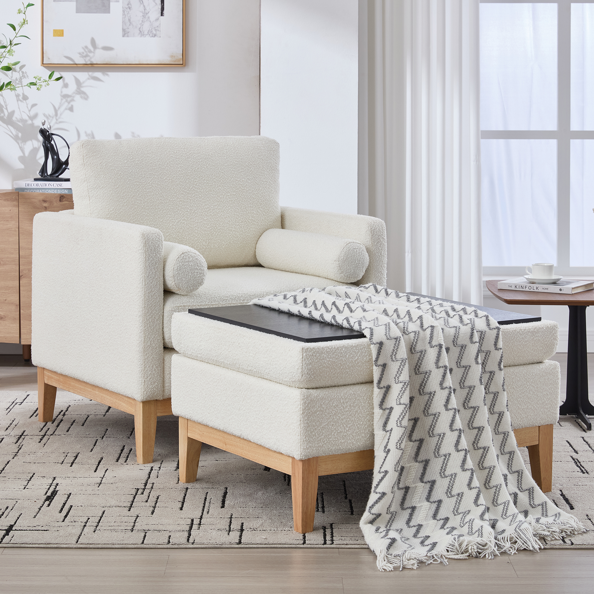 35.4 "Wide Farmhouse Performance Upholstered Wood Base Square Accent Arm Chair with Ottoman Natural Wood Legs with Reversible Lid Coffee Table for Living Room Office and Lounge, Ivory Boucle. - Image 6