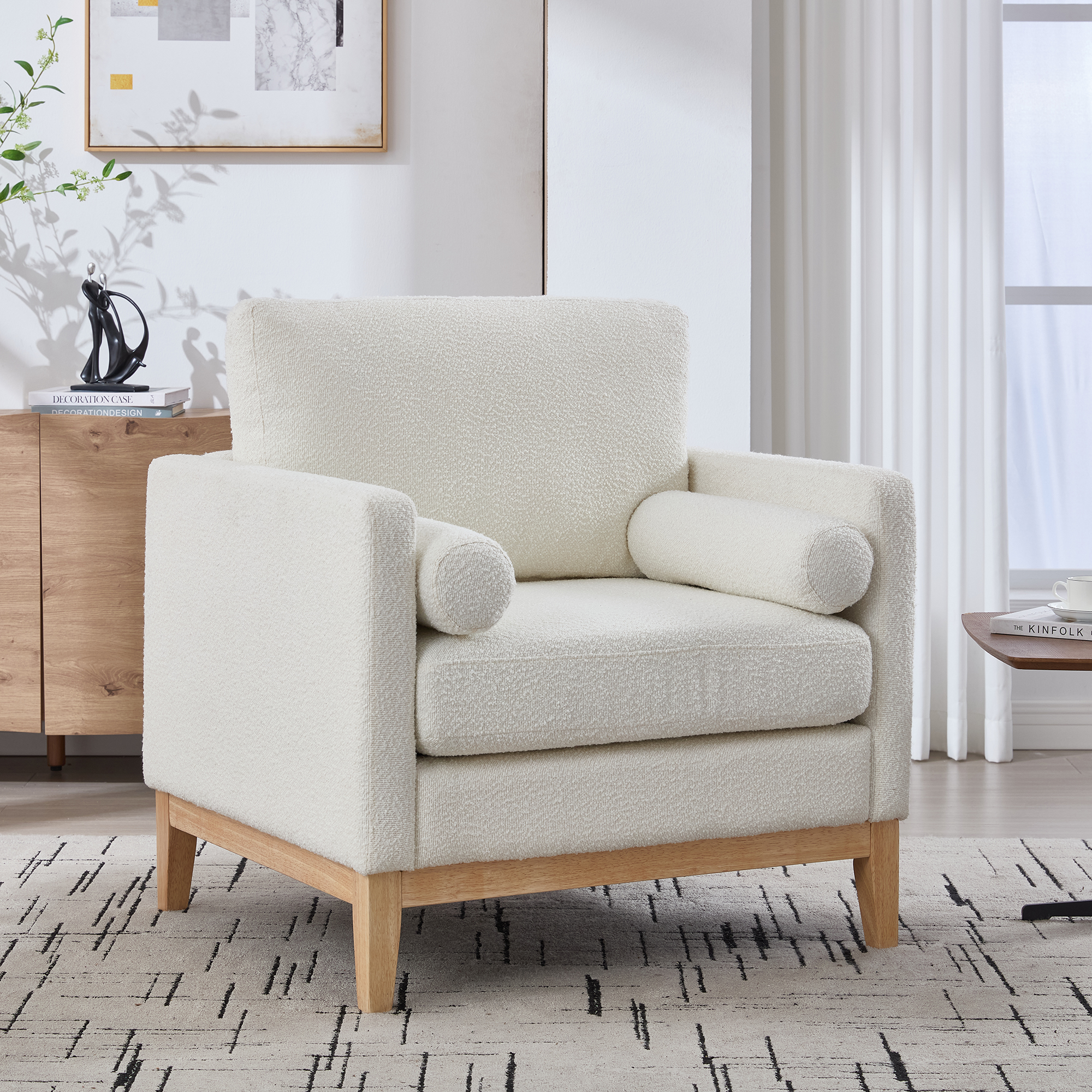35.4 “Wide Modern Farmhouse Performance Accent Chair with Natural Wood Legs, Wood Base Reading Armchair Single Sofa with Two Bolster Pillows for Living Room offices and Lounge, Ivory Boucle.