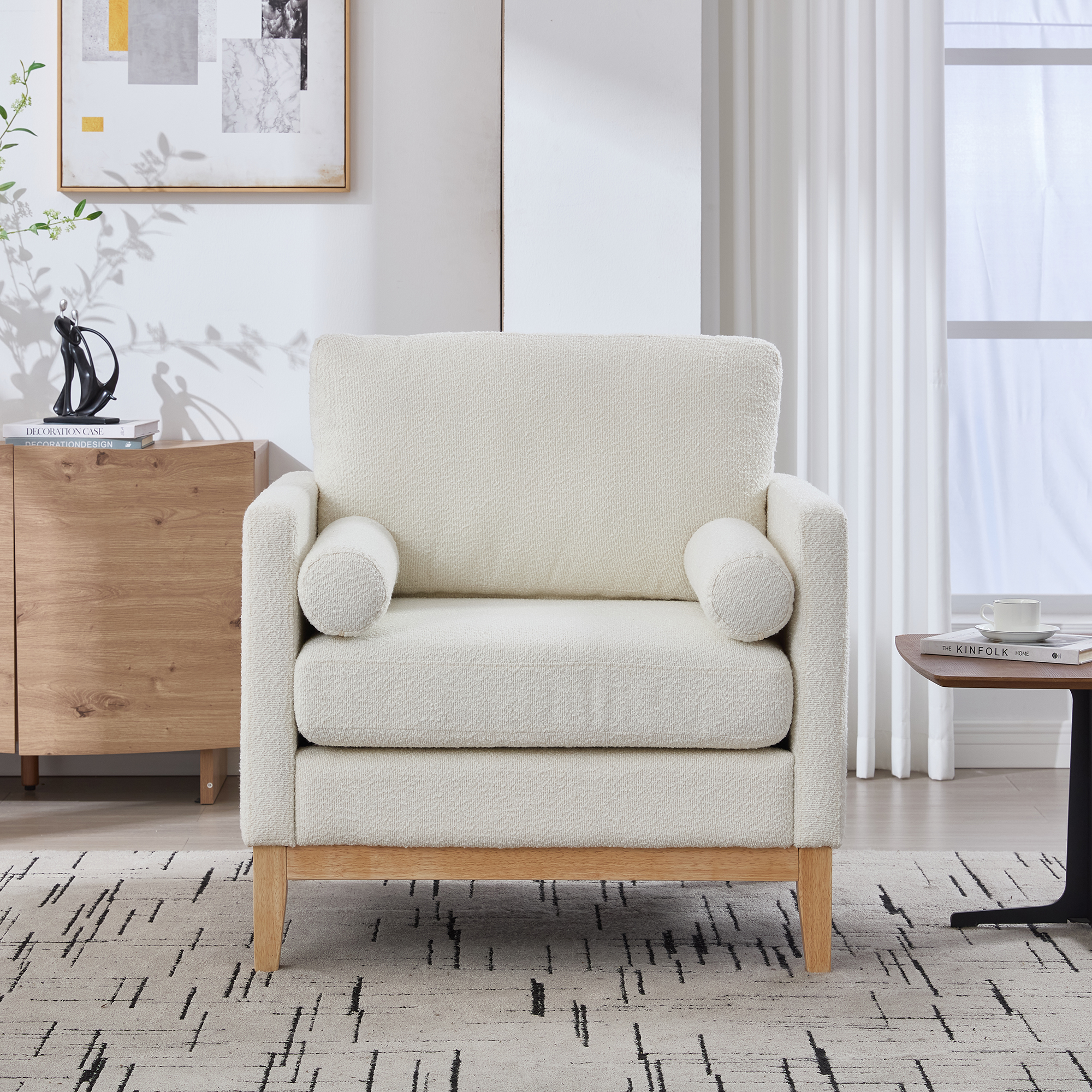35.4 "Wide Modern Farmhouse Performance Accent Chair with Natural Wood Legs, Wood Base Reading Armchair Single Sofa with Two Bolster Pillows for Living Room offices and Lounge, Ivory Boucle. - Image 2