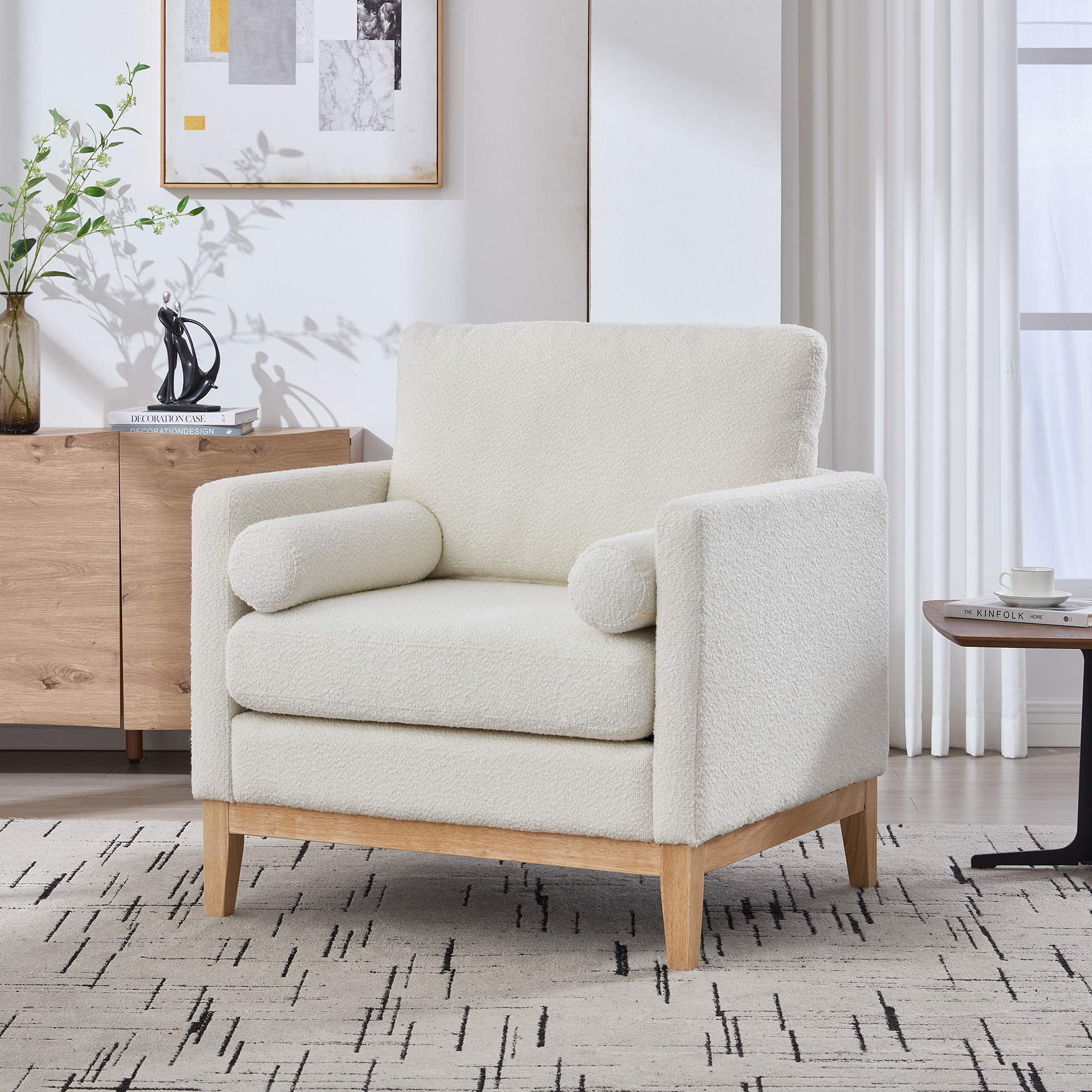 35.4 "Wide Modern Farmhouse Performance Accent Chair with Natural Wood Legs, Wood Base Reading Armchair Single Sofa with Two Bolster Pillows for Living Room offices and Lounge, Ivory Boucle. - Image 3