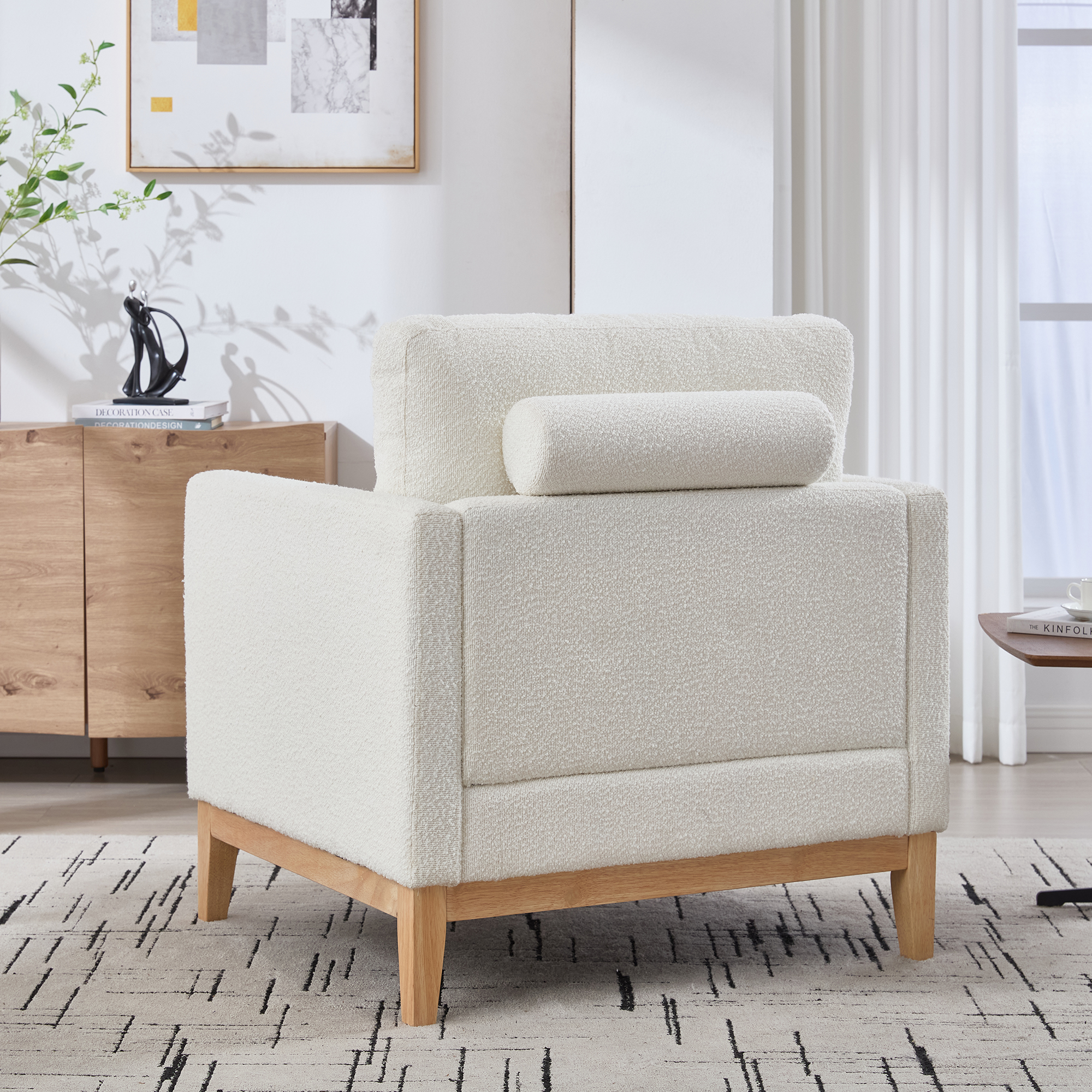 35.4 "Wide Modern Farmhouse Performance Accent Chair with Natural Wood Legs, Wood Base Reading Armchair Single Sofa with Two Bolster Pillows for Living Room offices and Lounge, Ivory Boucle. - Image 4